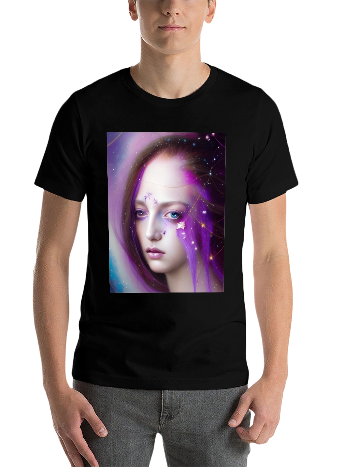 Black Celestial Woman Graphic Tee - Unique Art Shirt view 7