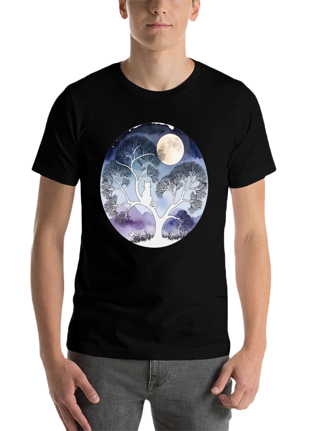 Black Moonlit Cat Tree Graphic Tee - Black view 7