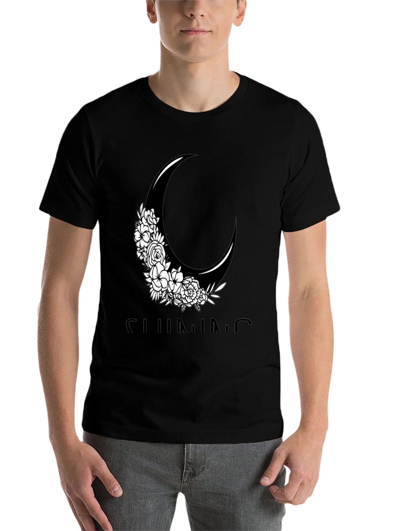 Black Floral Crescent Moon Graphic Tee - Black Cotton Casual Shirt view 7