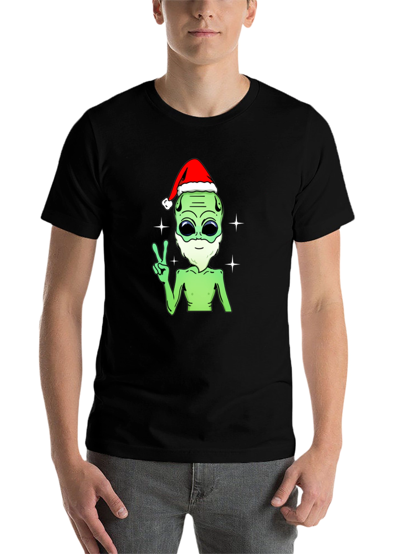 Black Festive Alien T-Shirt - Peace, Love, and Holiday Cheer! view 7