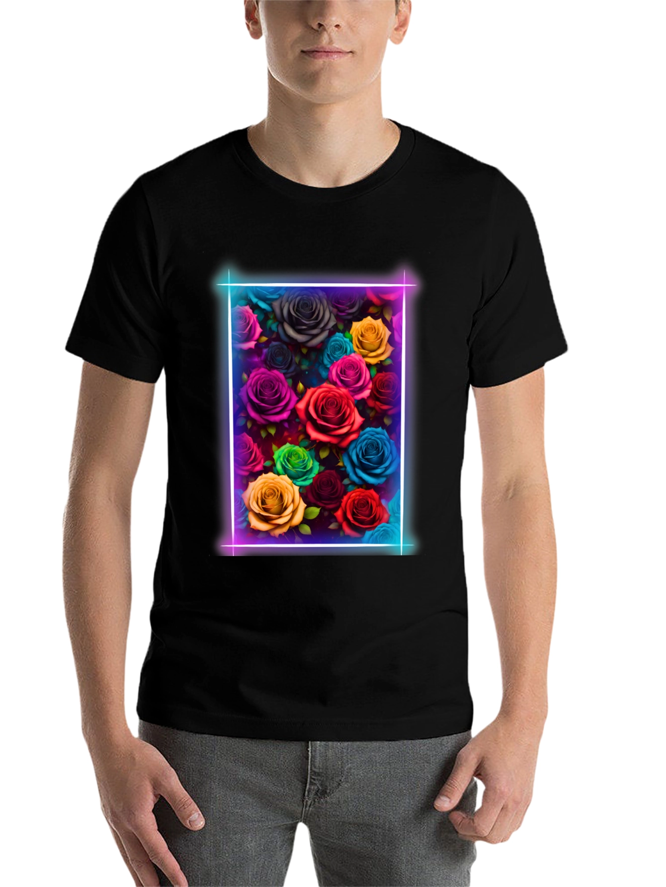 Black Neon Roses Graphic Tee - Vibrant Floral Design view 7