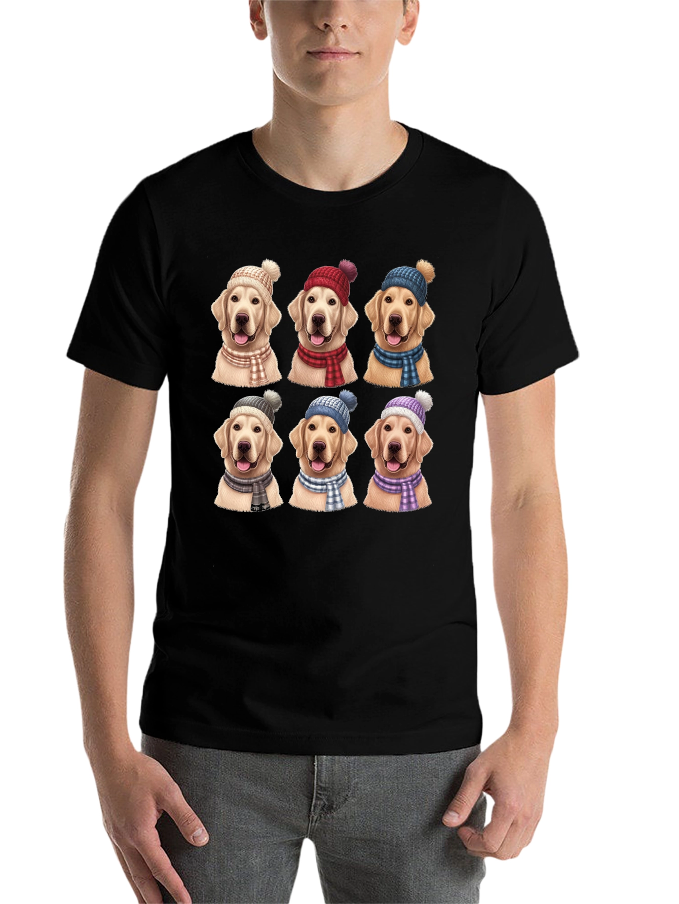 Black Dog Lover T-Shirt: Golden Retrievers in Winter Hats view 7