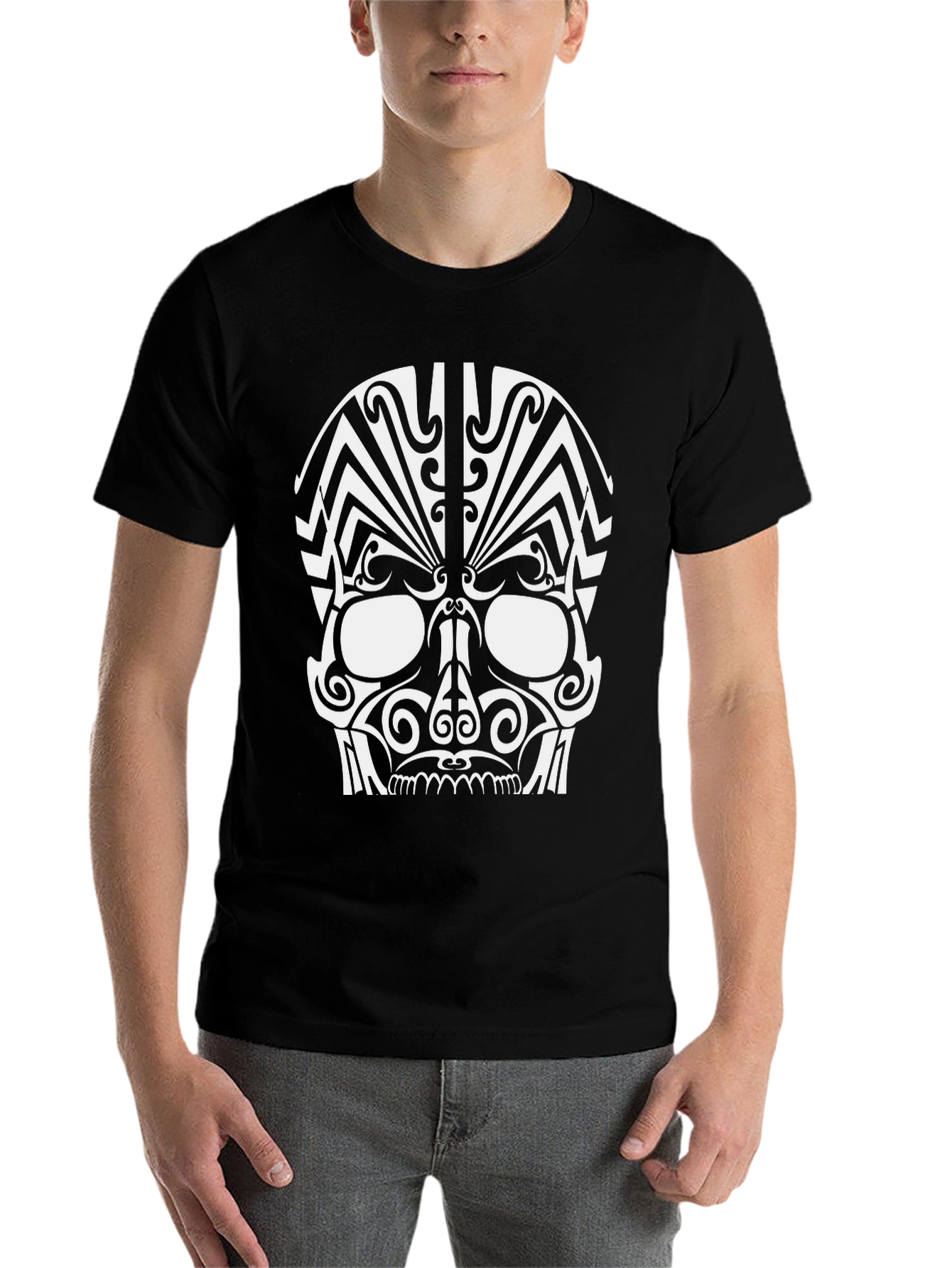 Black Tribal Skull Graphic Black T-Shirt view 7