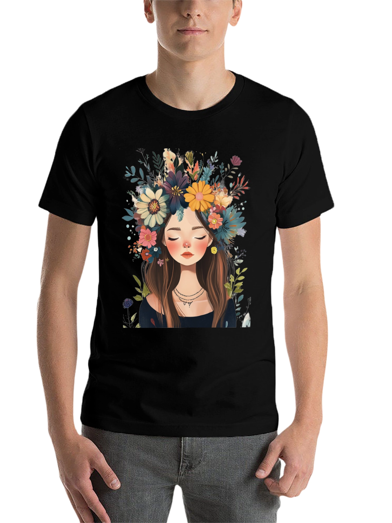 Black Floral Crown Girl Black T-Shirt view 7