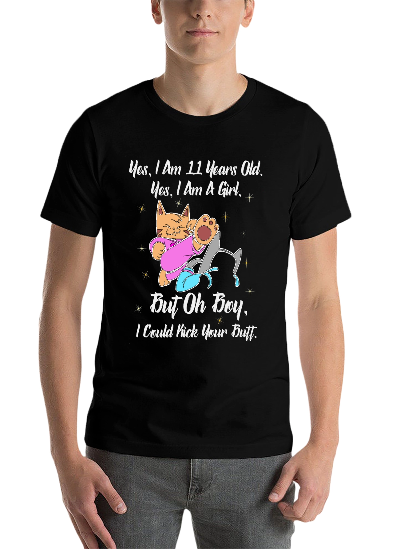 Black 11 Year Old Girl Cat Kick Butt Funny T-Shirt view 7