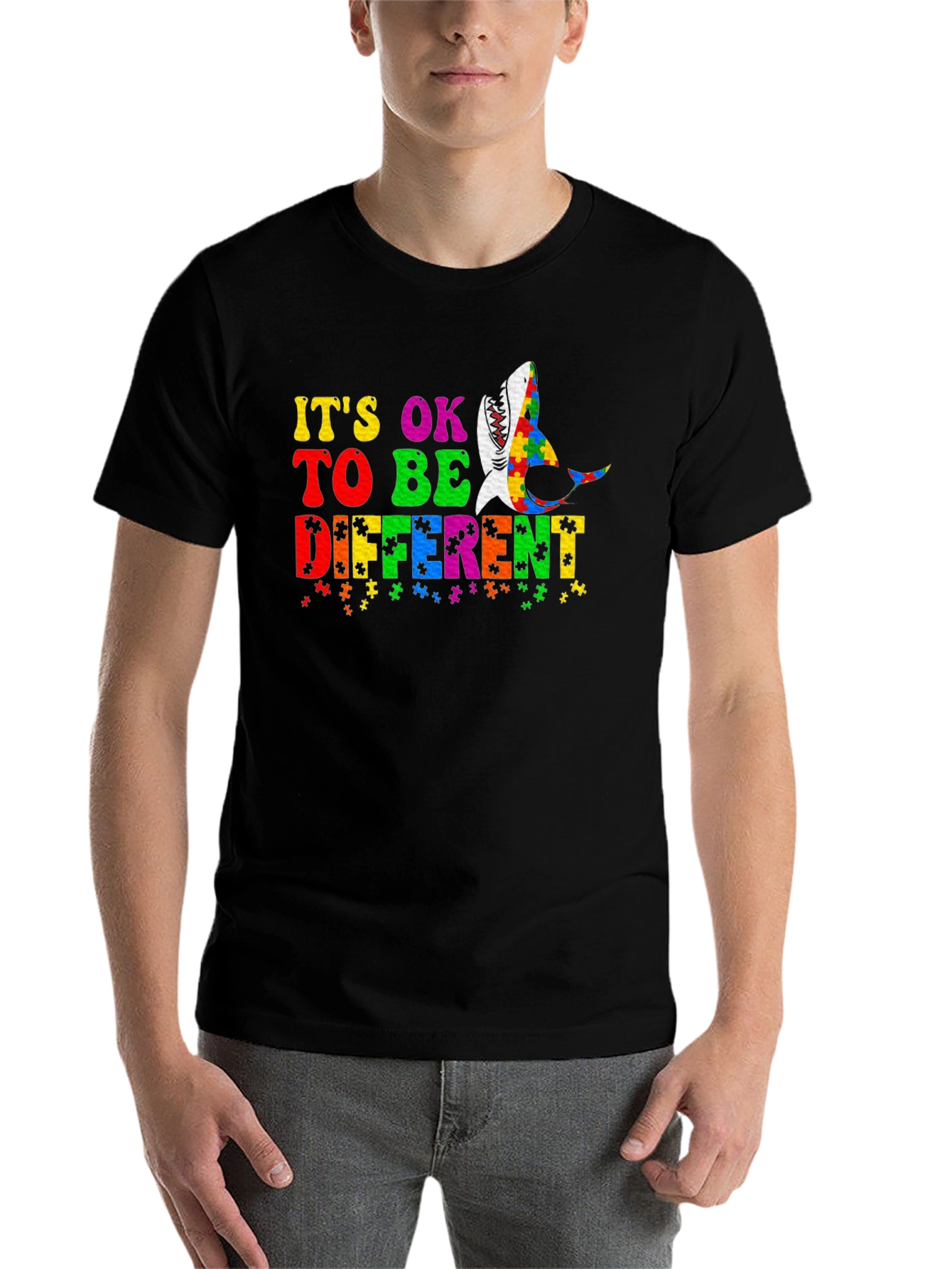 Black Autism Awareness Shark T-Shirt - It's OK To Be Different! view 7