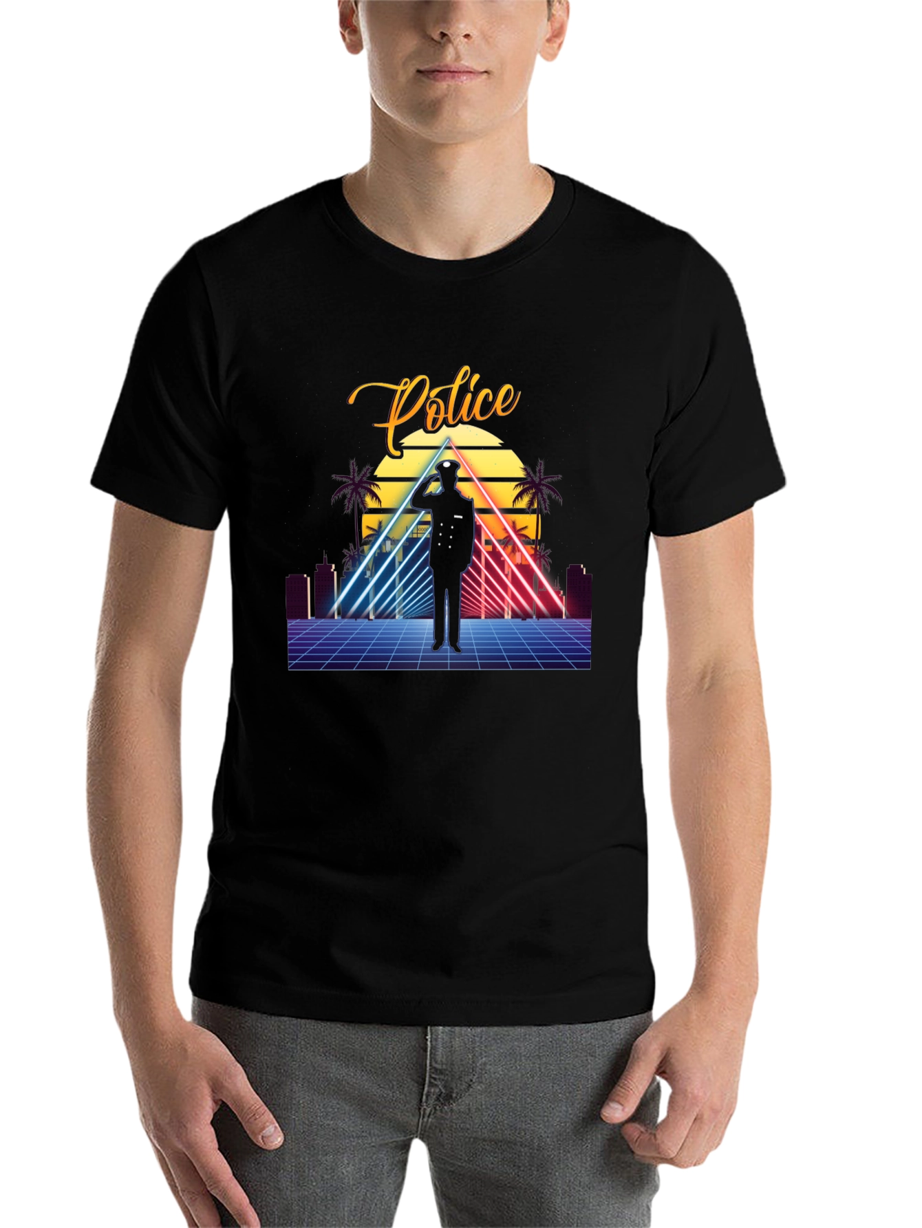 Black Retro Police Graphic T-Shirt - Synthwave Design view 7