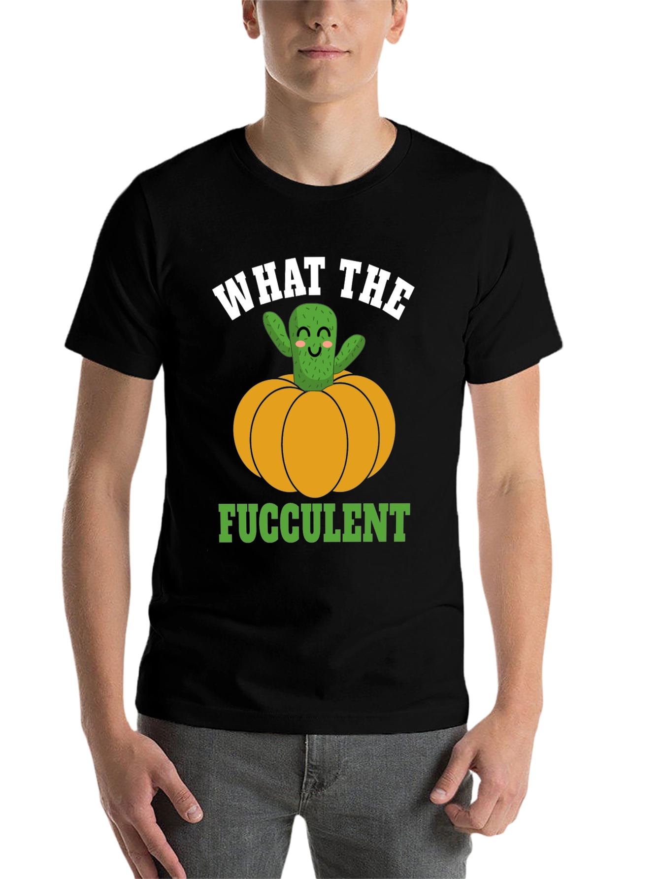 Black What the Fucculent Cactus Pumpkin Graphic T-Shirt view 7