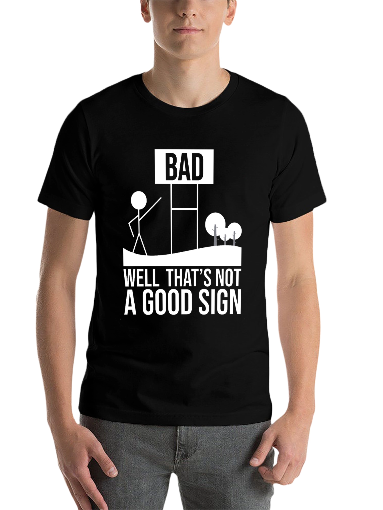 Black Funny "Bad Sign" Graphic Tee - Humorous Novelty Shirt view 7
