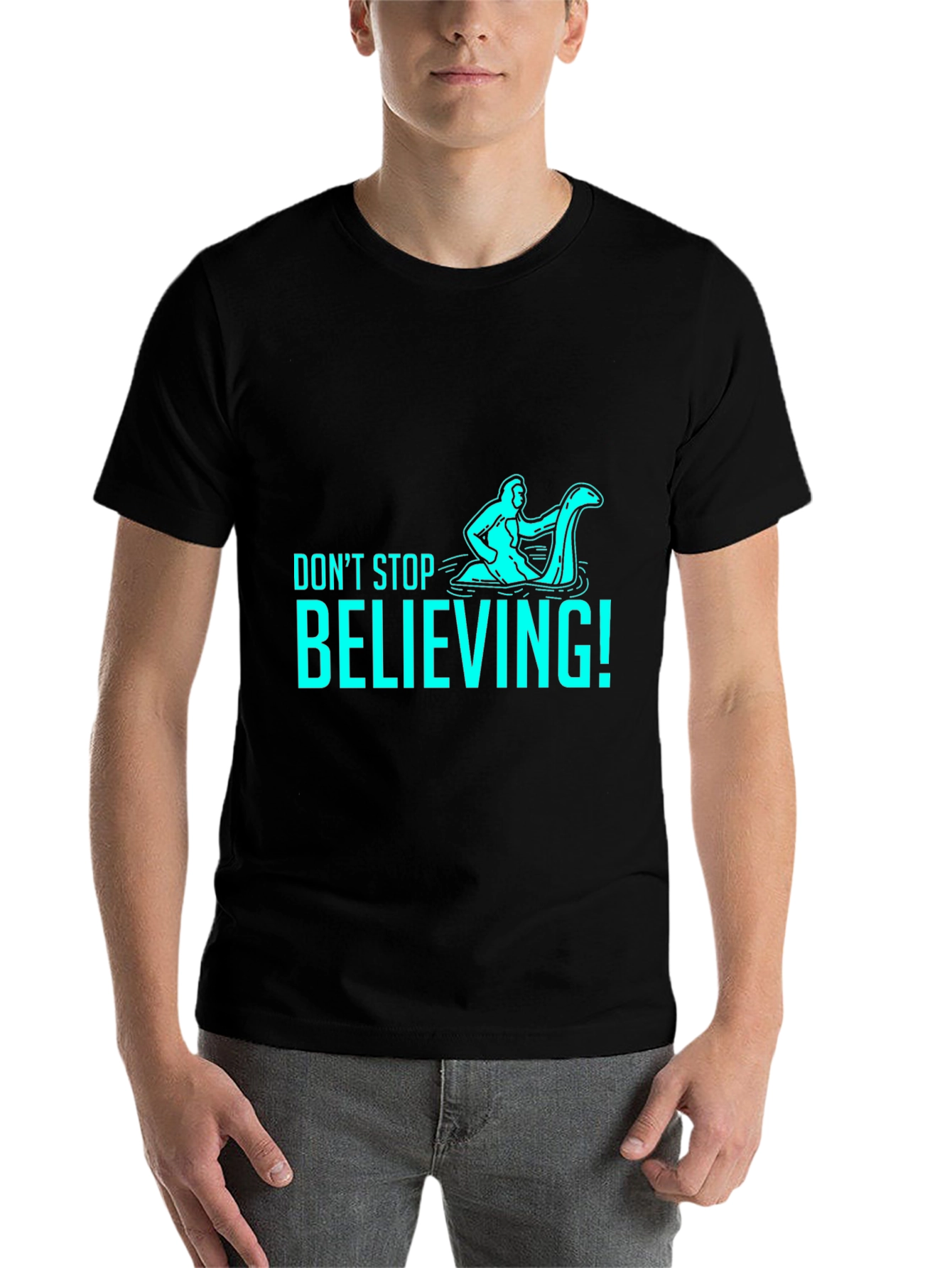Black Don't Stop Believing T-Shirt - Funny Loch Ness Monster view 7