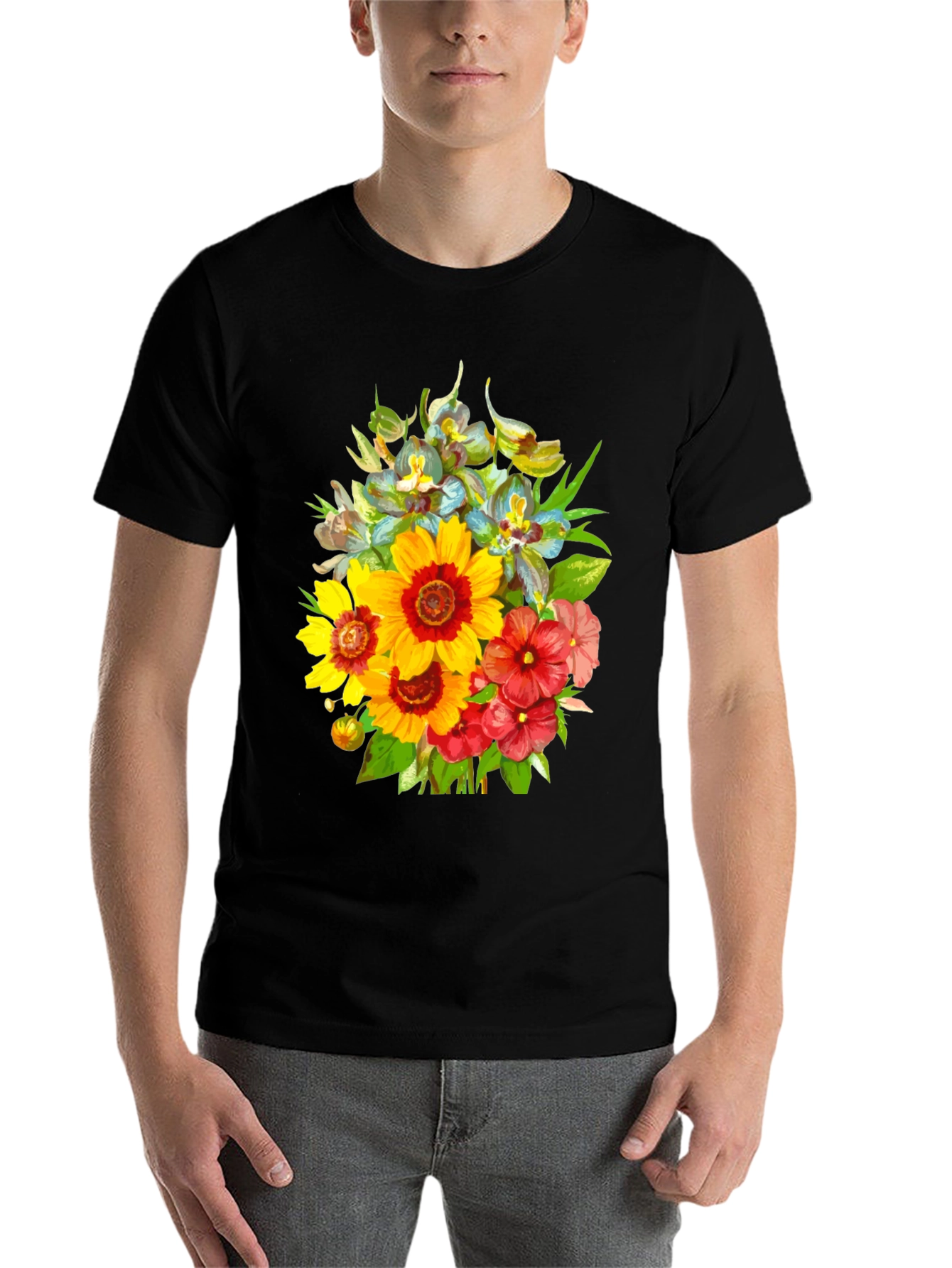 Black Floral Bouquet Graphic Tee - Stylish Men's Black T-Shirt view 7