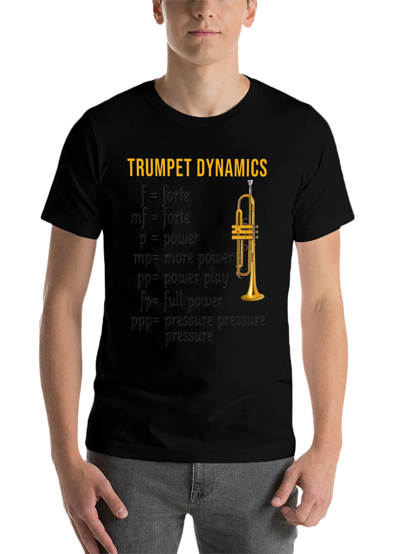 Black Trumpet Dynamics T-Shirt - Music Lover Apparel view 7