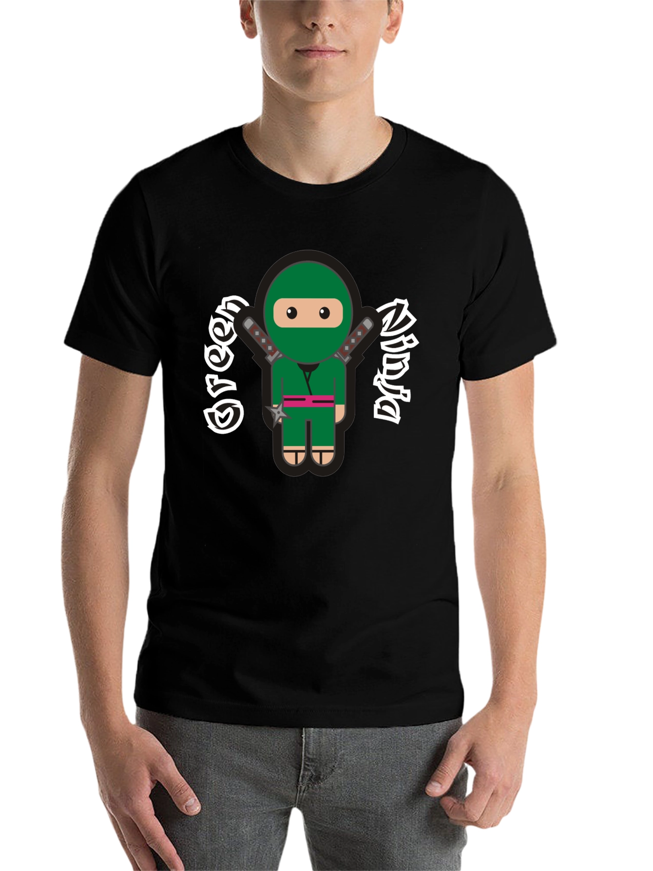 Black Green Ninja Cartoon Graphic T-Shirt view 7