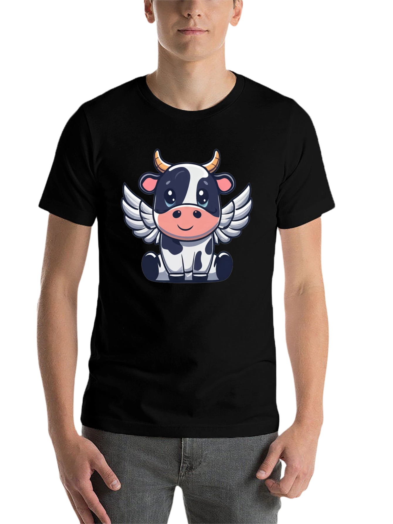 Black Cow Angel Graphic Tee - Black Cotton T-Shirt view 7