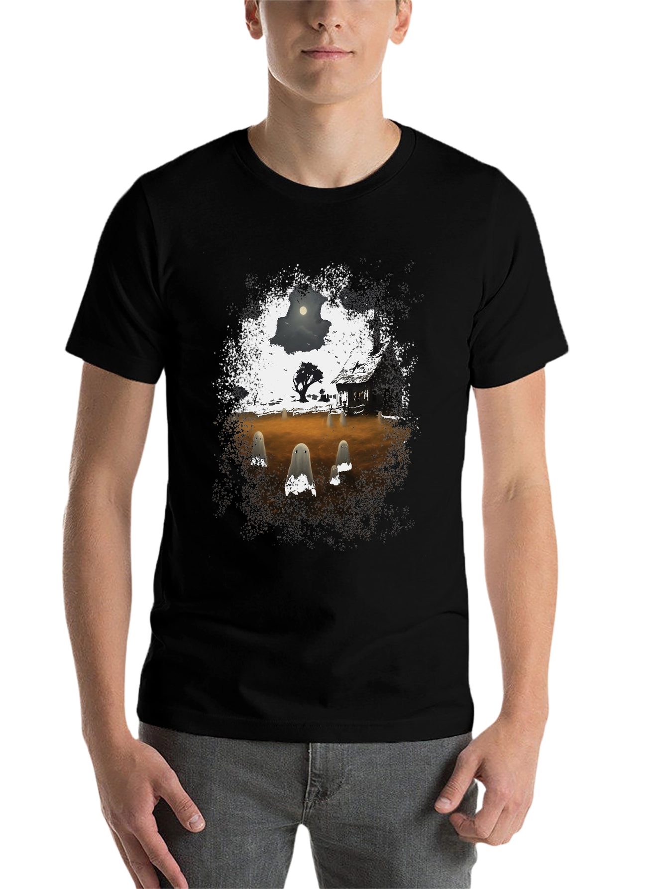 Black Spooky Ghost Scene Graphic T-Shirt view 7