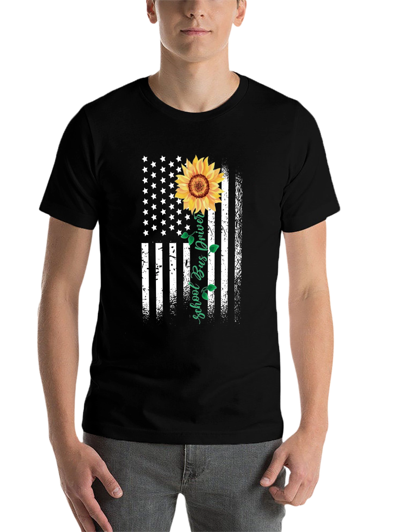 Black Sunflower American Flag School Bus Driver T-Shirt view 7