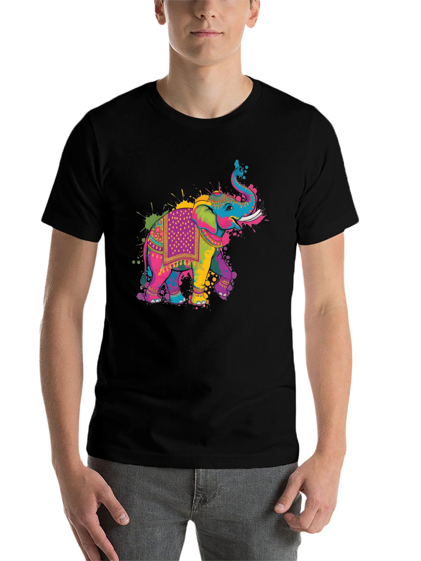 Black Colorful Elephant Graphic T-Shirt view 7