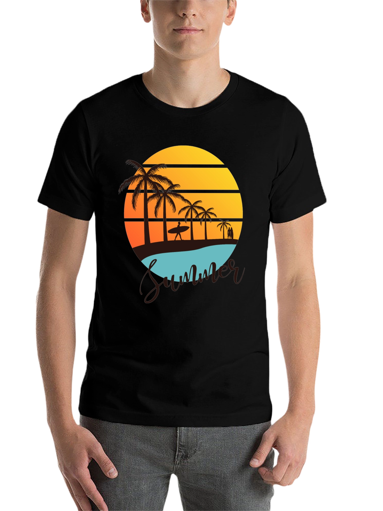 Black Summer Beach Graphic Tee - Palm Trees & Sunset view 7