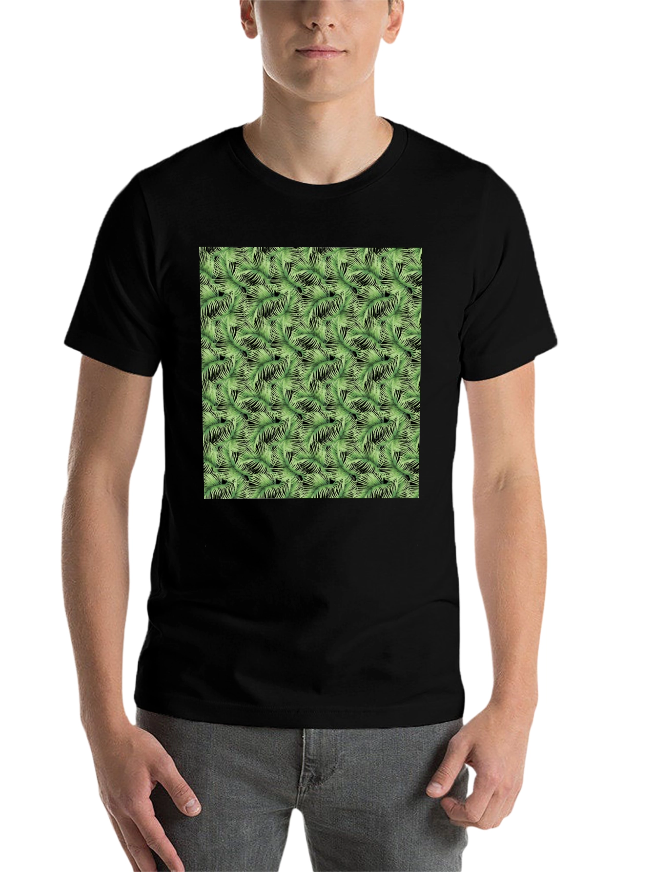 Black Tropical Green Leaf Print Black T-Shirt view 7
