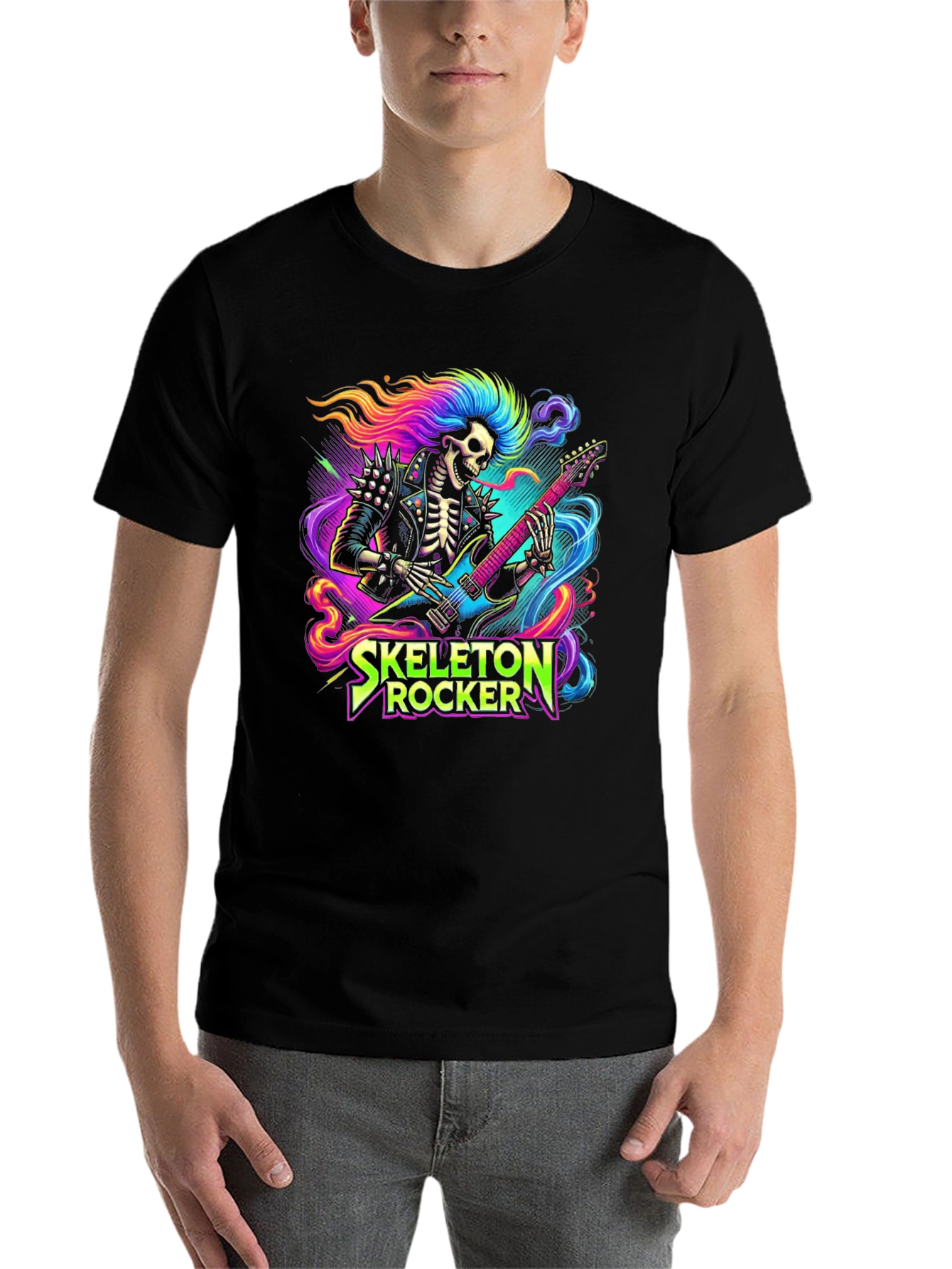 Black Skeleton Rocker T-Shirt - Neon Punk Design view 7