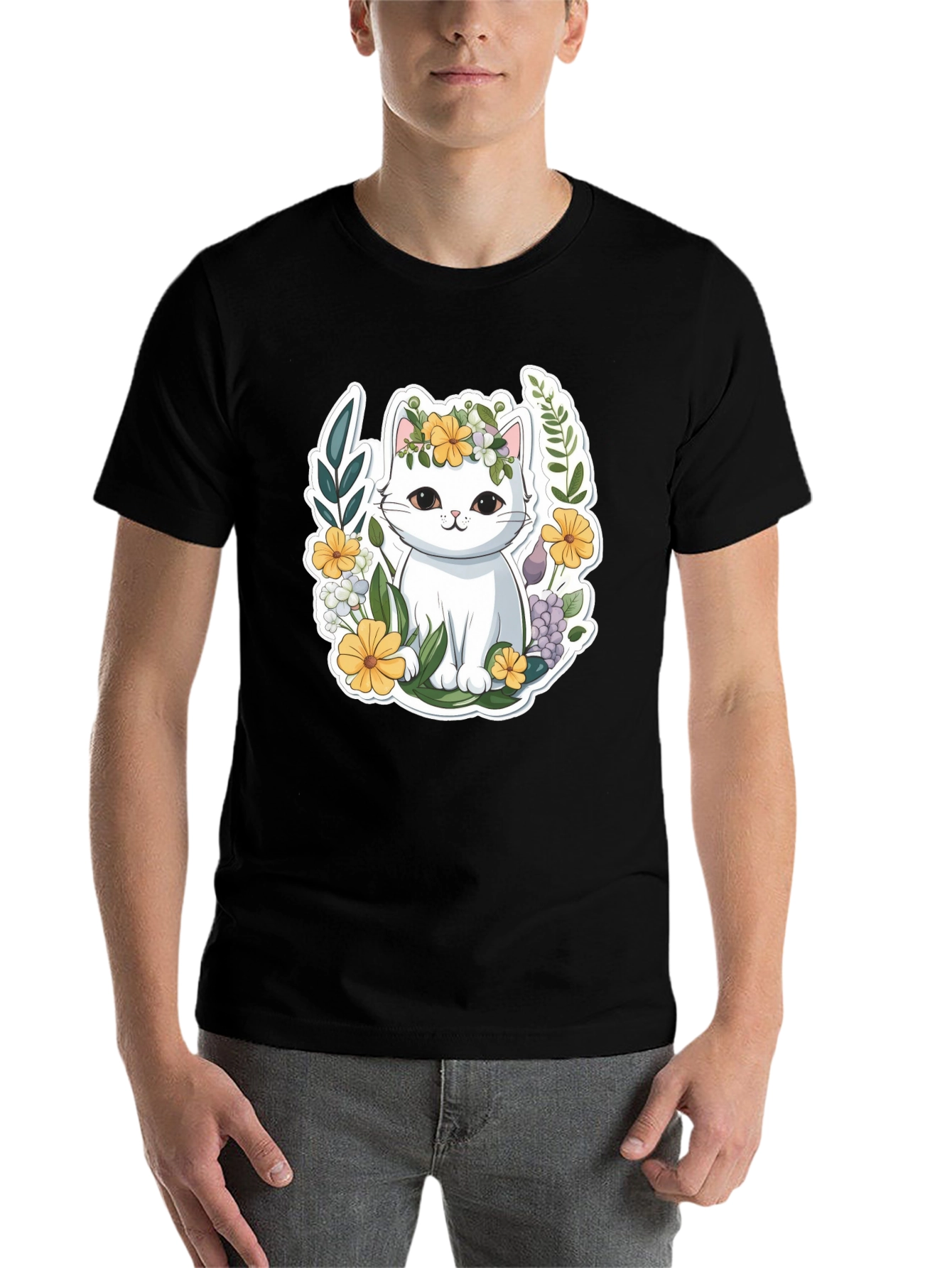 Black Cute Cat Floral Wreath Graphic Tee view 7