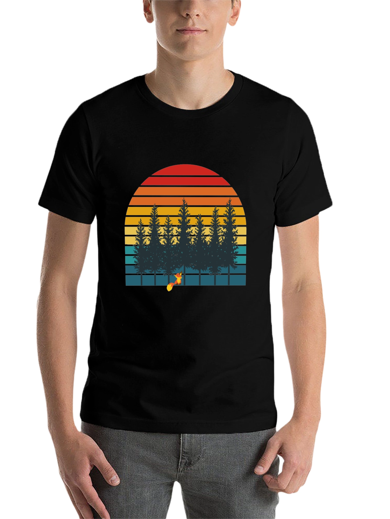Black Retro Sunset Forest Fox Graphic T-Shirt view 7