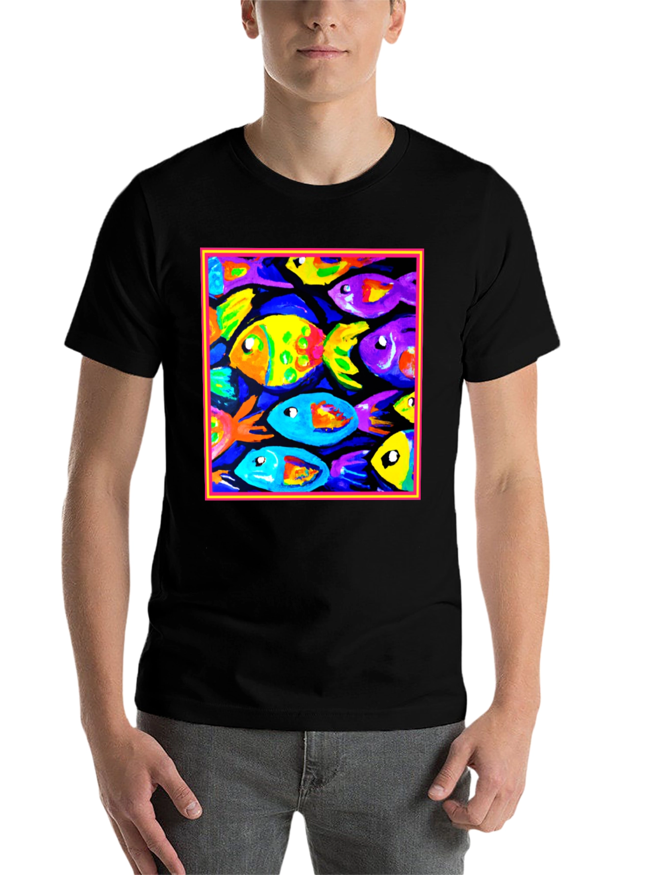 Black Colorful Fish Art Graphic T-Shirt view 7