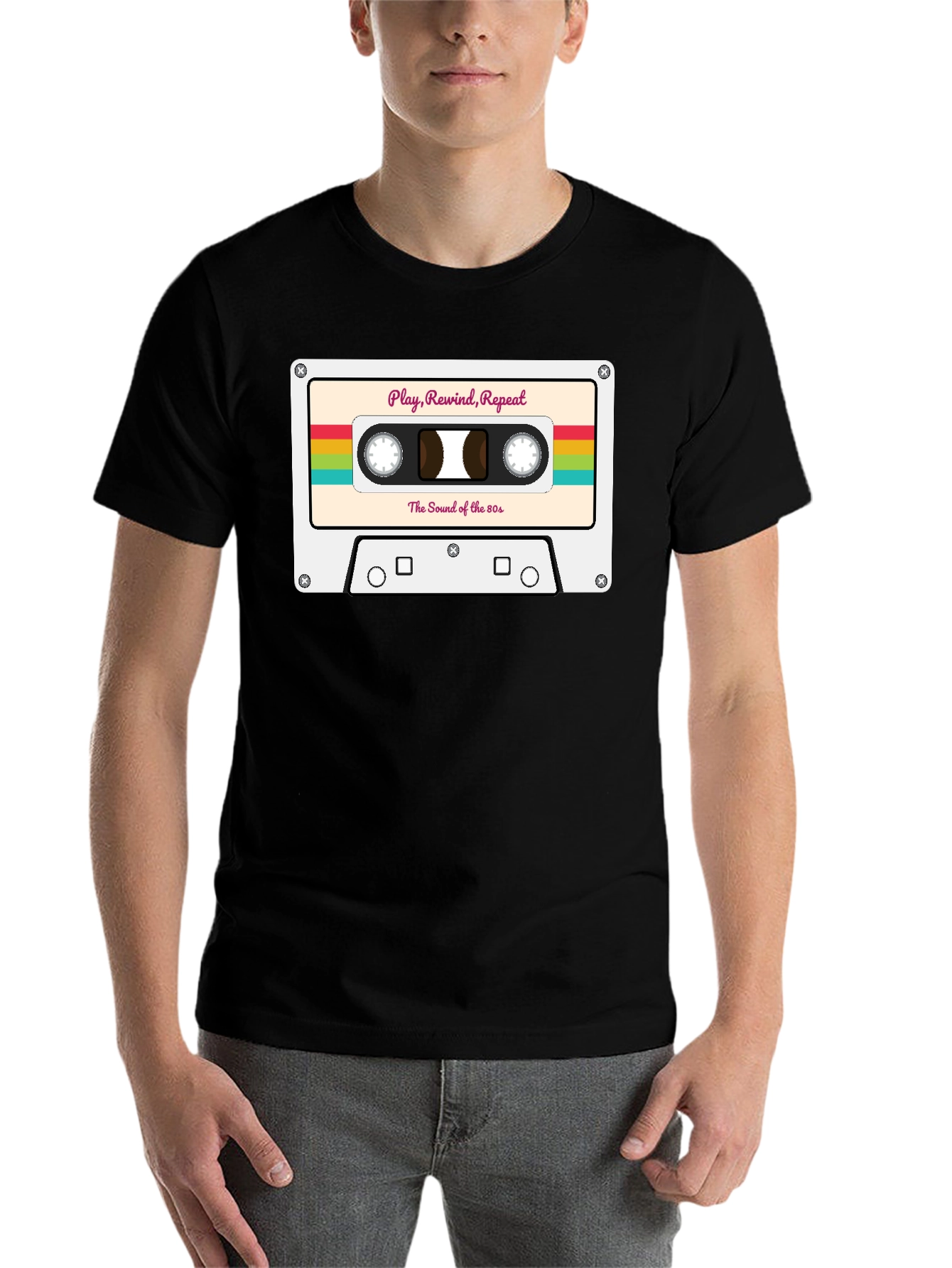 Black Retro 80s Cassette Tape Graphic Tee - Play Rewind Repeat view 7