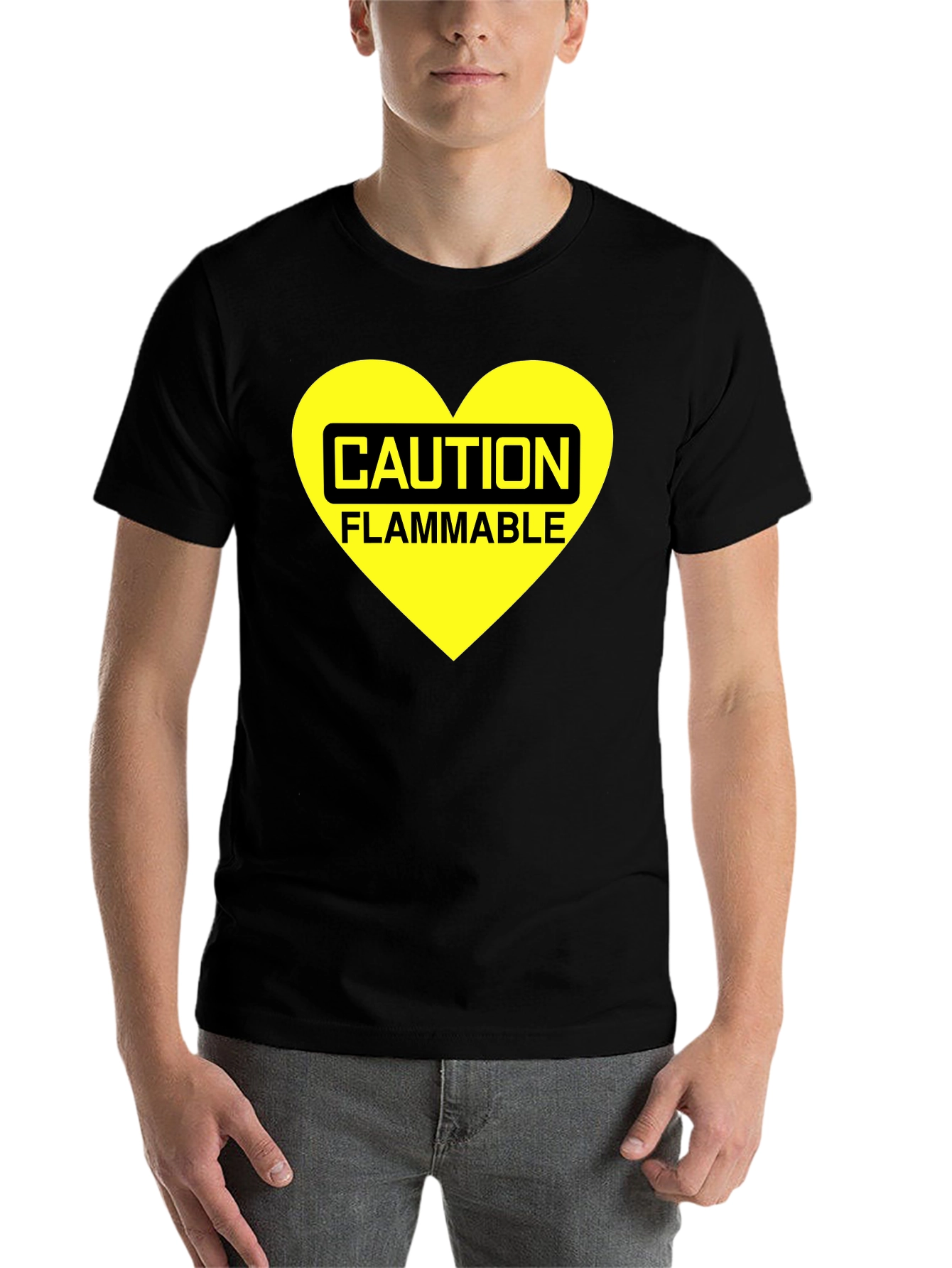 Black Caution Flammable Heart T-Shirt - Black Cotton Blend Tee view 7