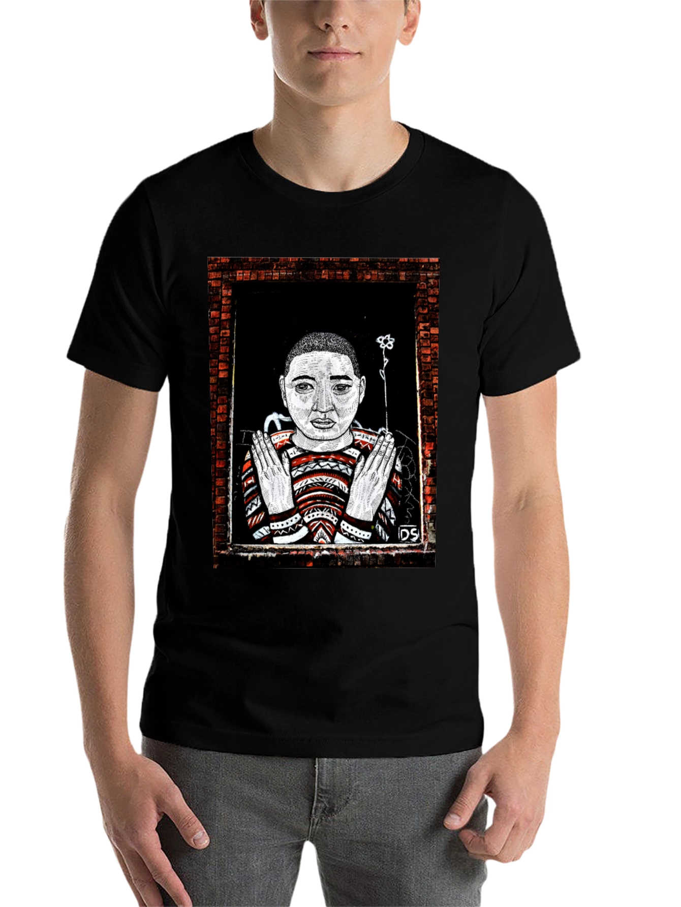 Black Unique Graphic Print Tee - Artistic Portrait Design view 7