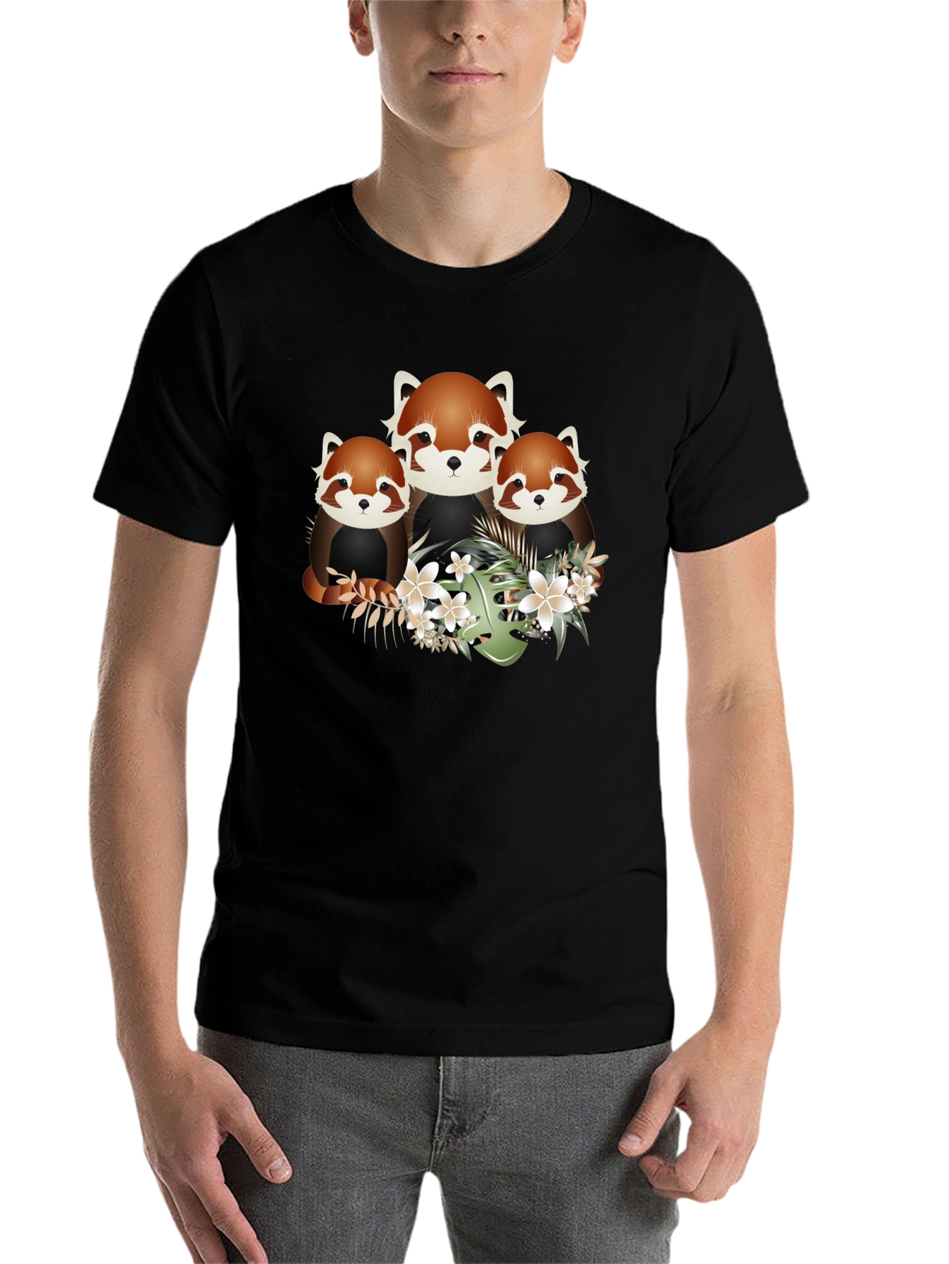 Black Red Panda Floral Graphic Black T-Shirt view 7
