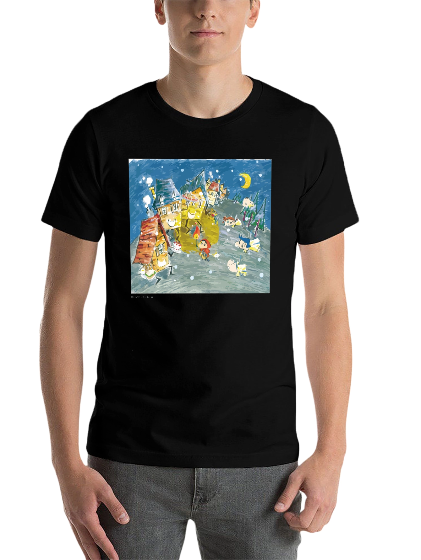 Black Whimsical Winter Village Graphic Tee - Black Cotton Blend view 7