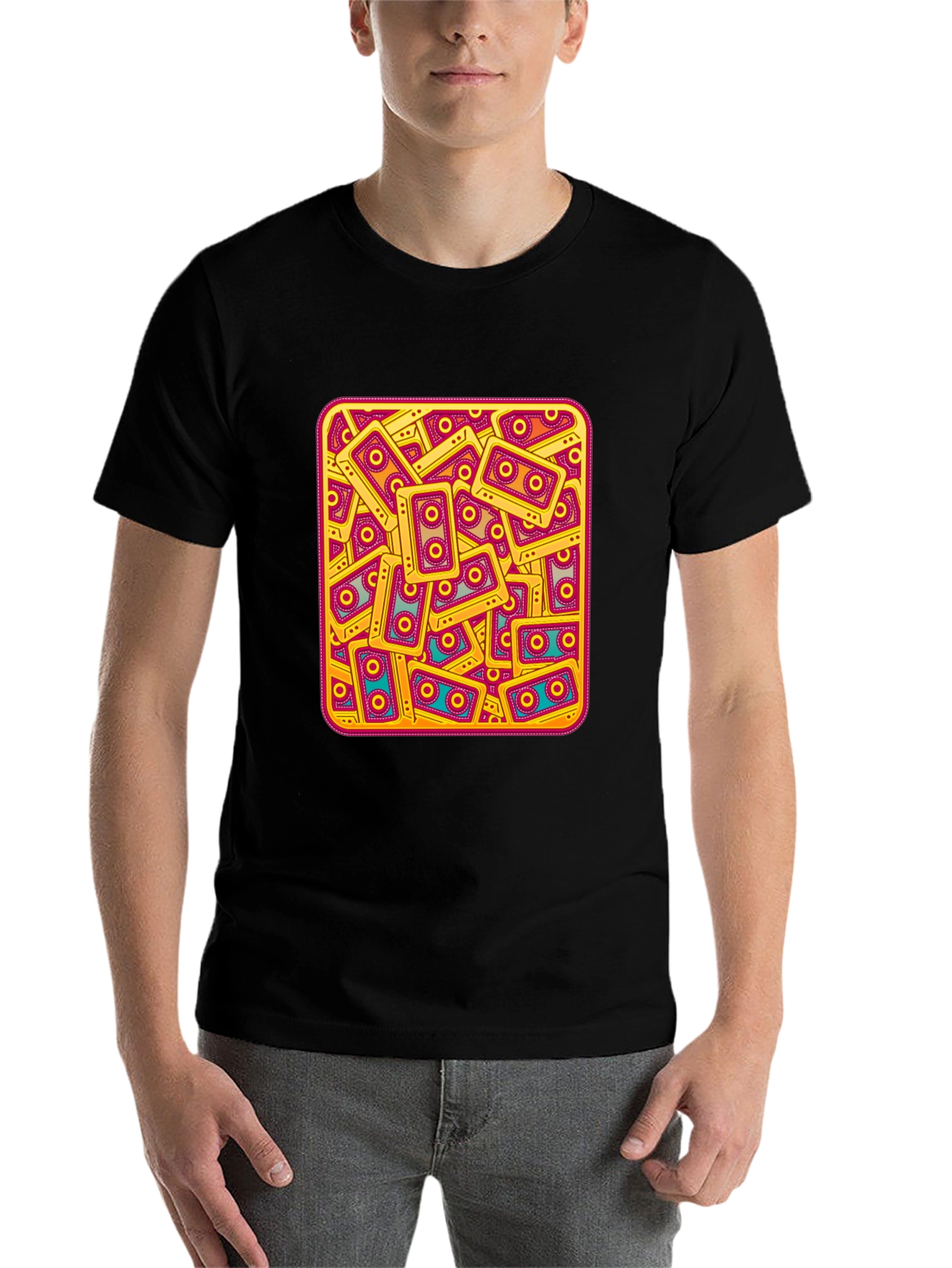 Black Retro Cassette Tape Pattern T-Shirt view 7