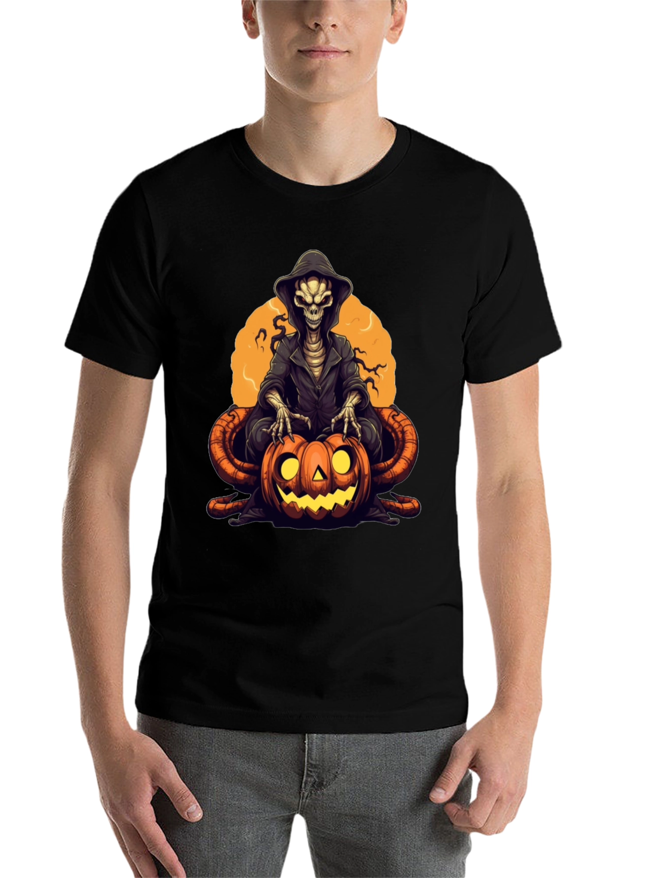 Black Grim Reaper Pumpkin Graphic Tee - Halloween Style view 7