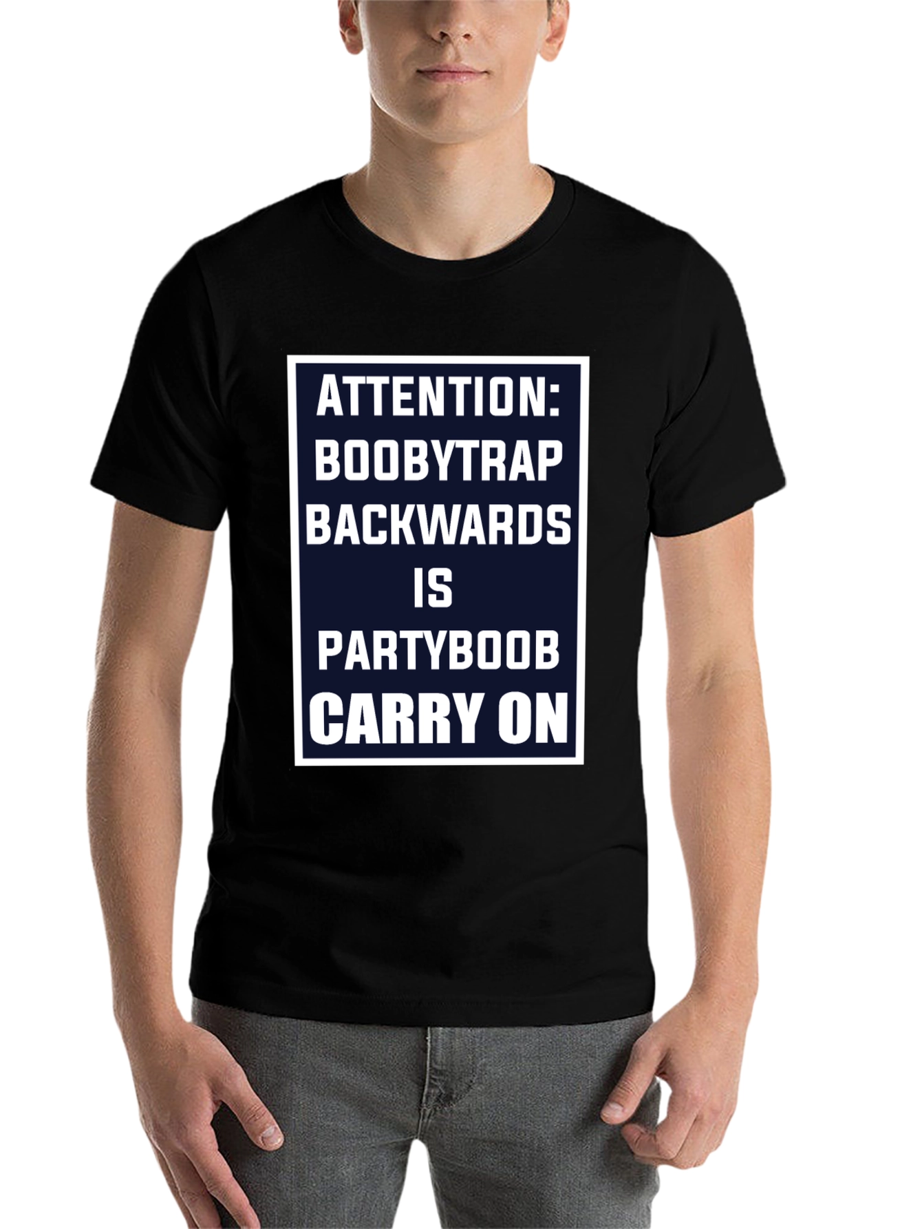 Black Attention Boobytrap Partyboob Funny T-Shirt view 7