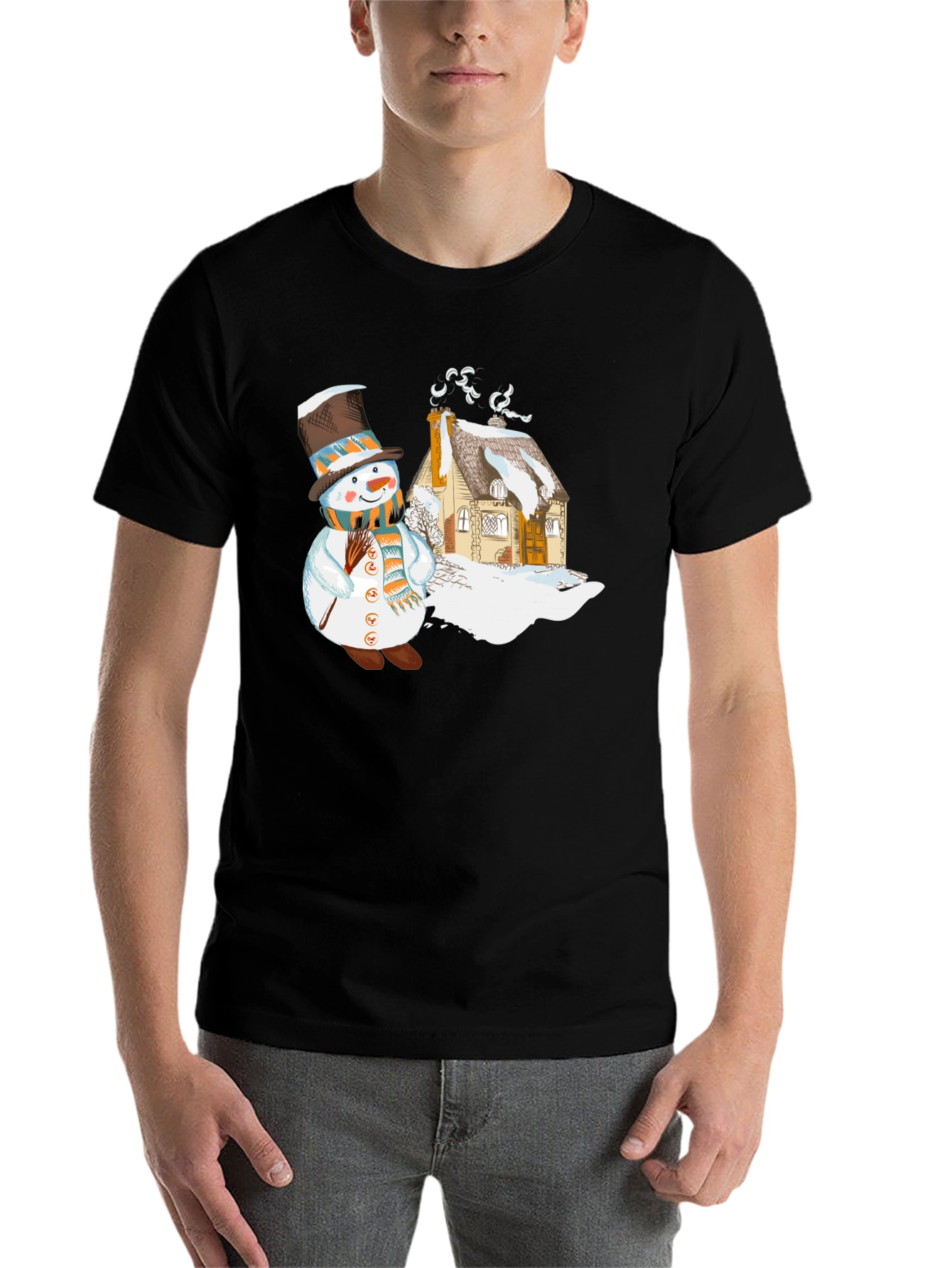 Black Snowman & Cottage Graphic T-Shirt view 7