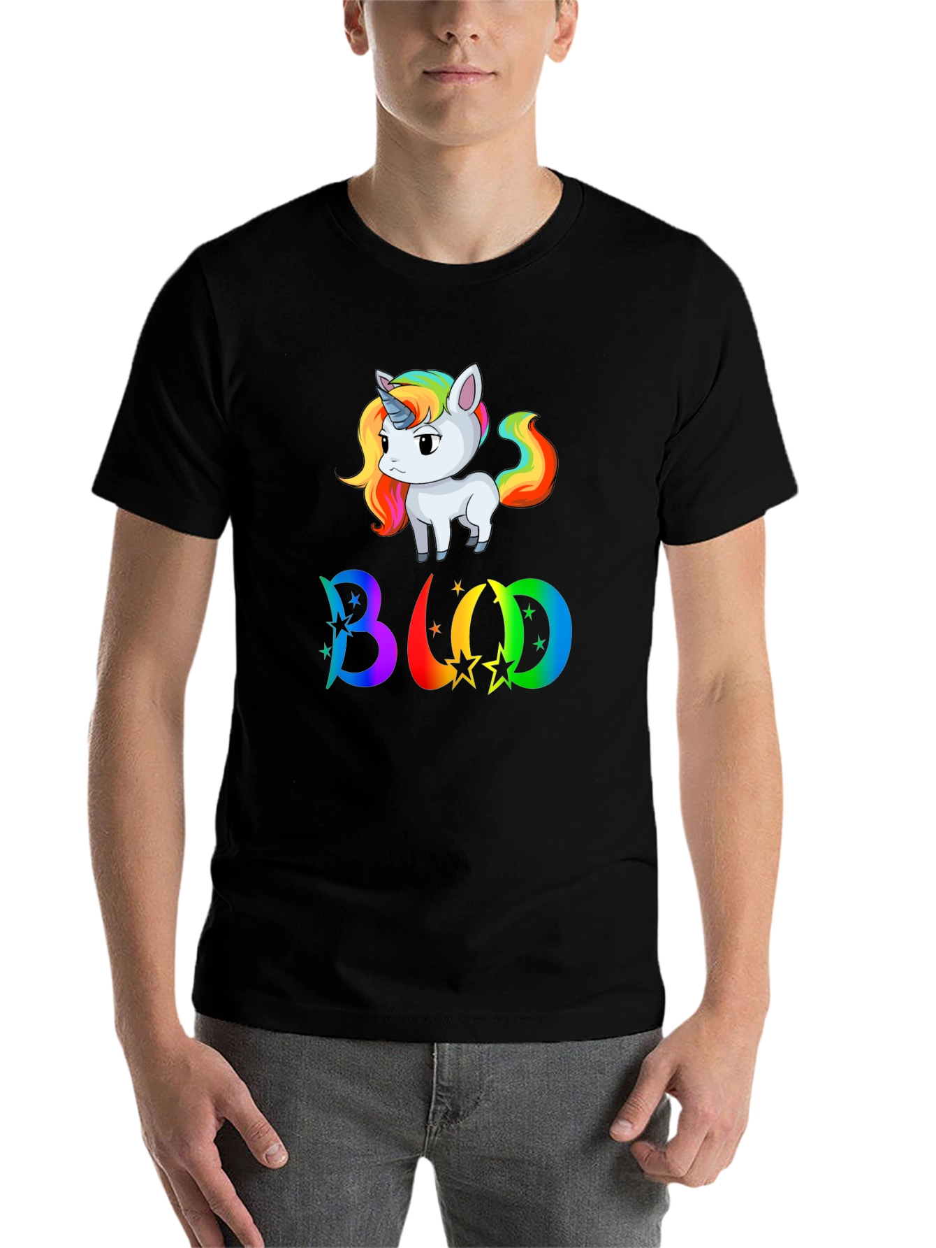 Rainbow Unicorn BUD T-Shirt - Men's Black Tee - 7