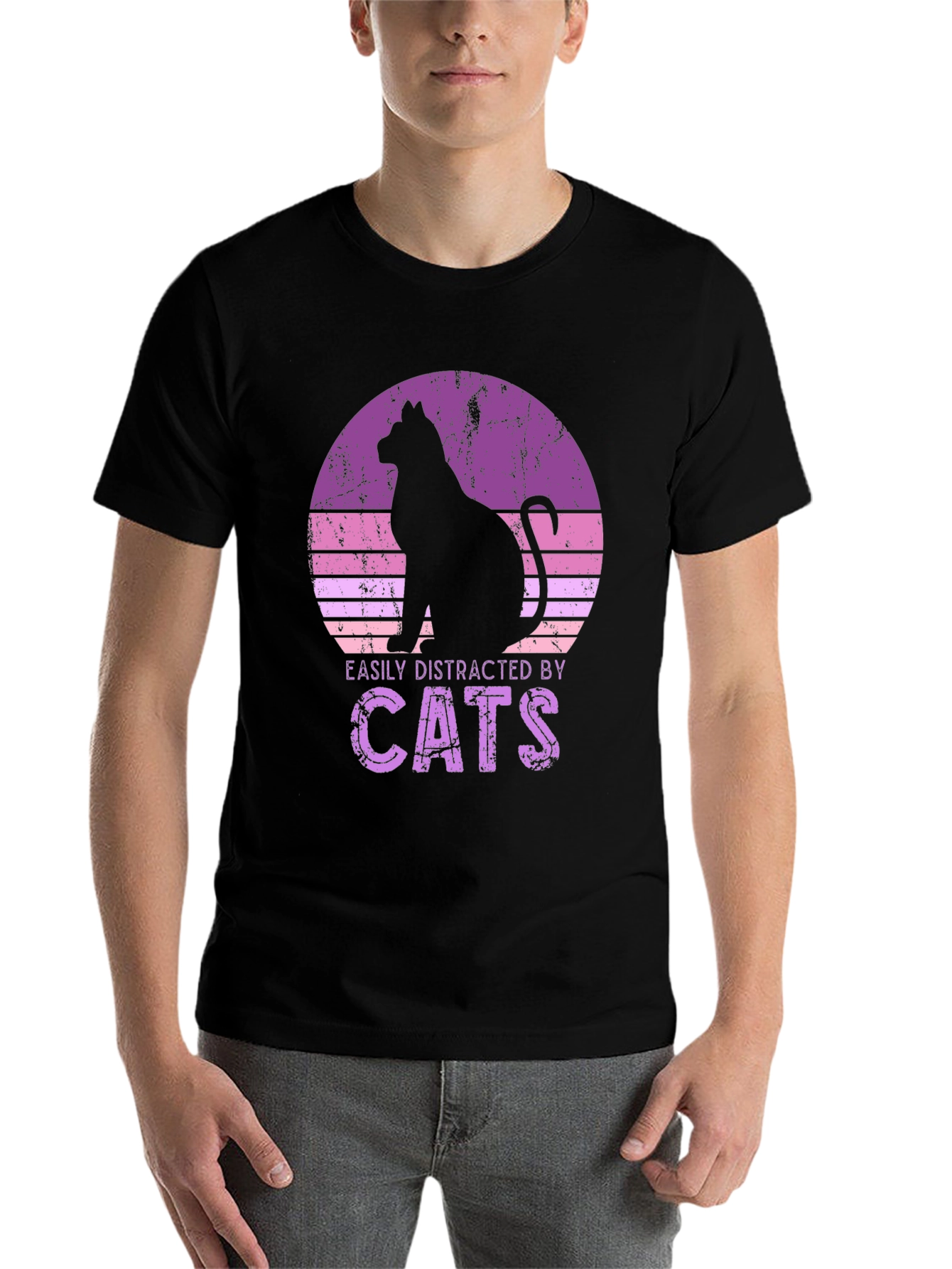 Black Easily Distracted By Cats Black T-Shirt view 7