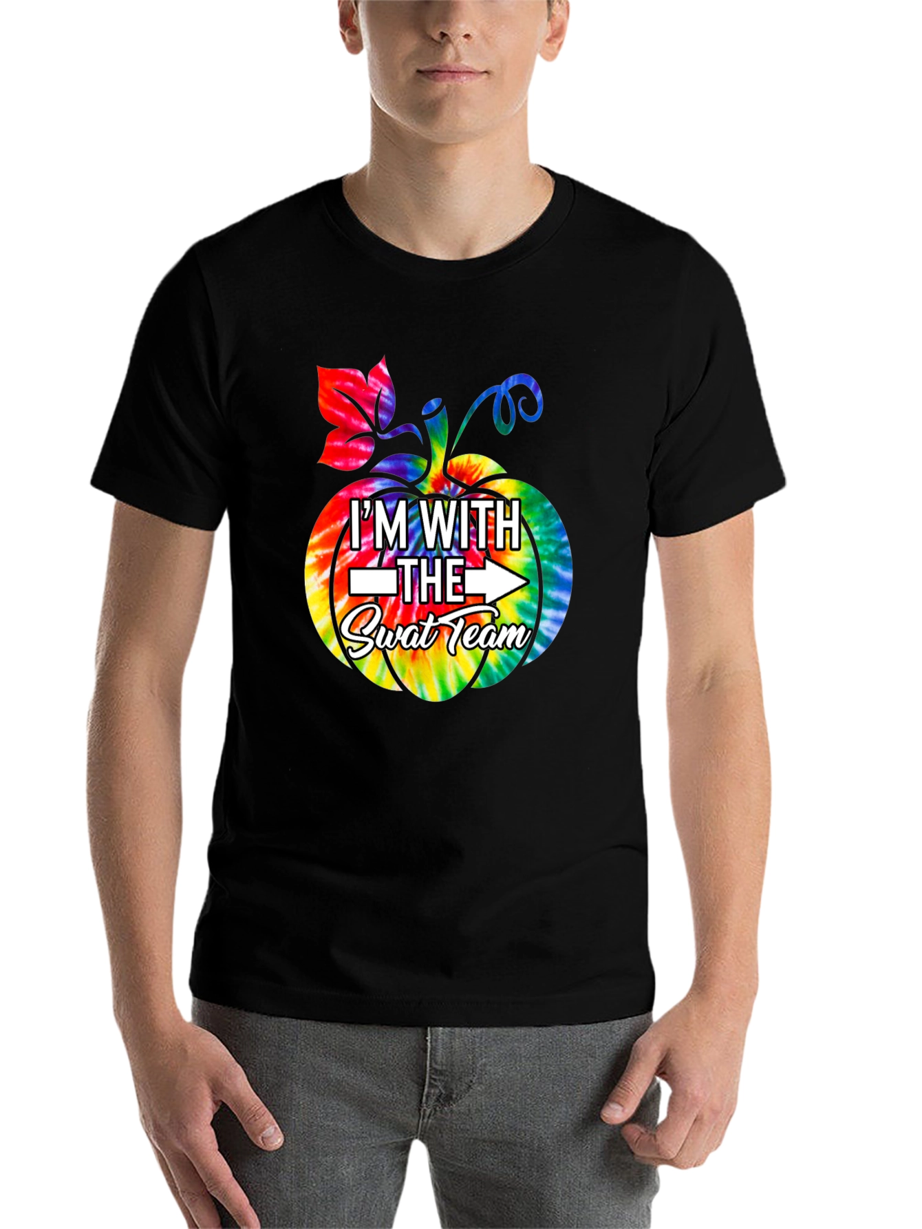 Black I'm With The SWAT Team Tie Dye Pumpkin T-Shirt view 7
