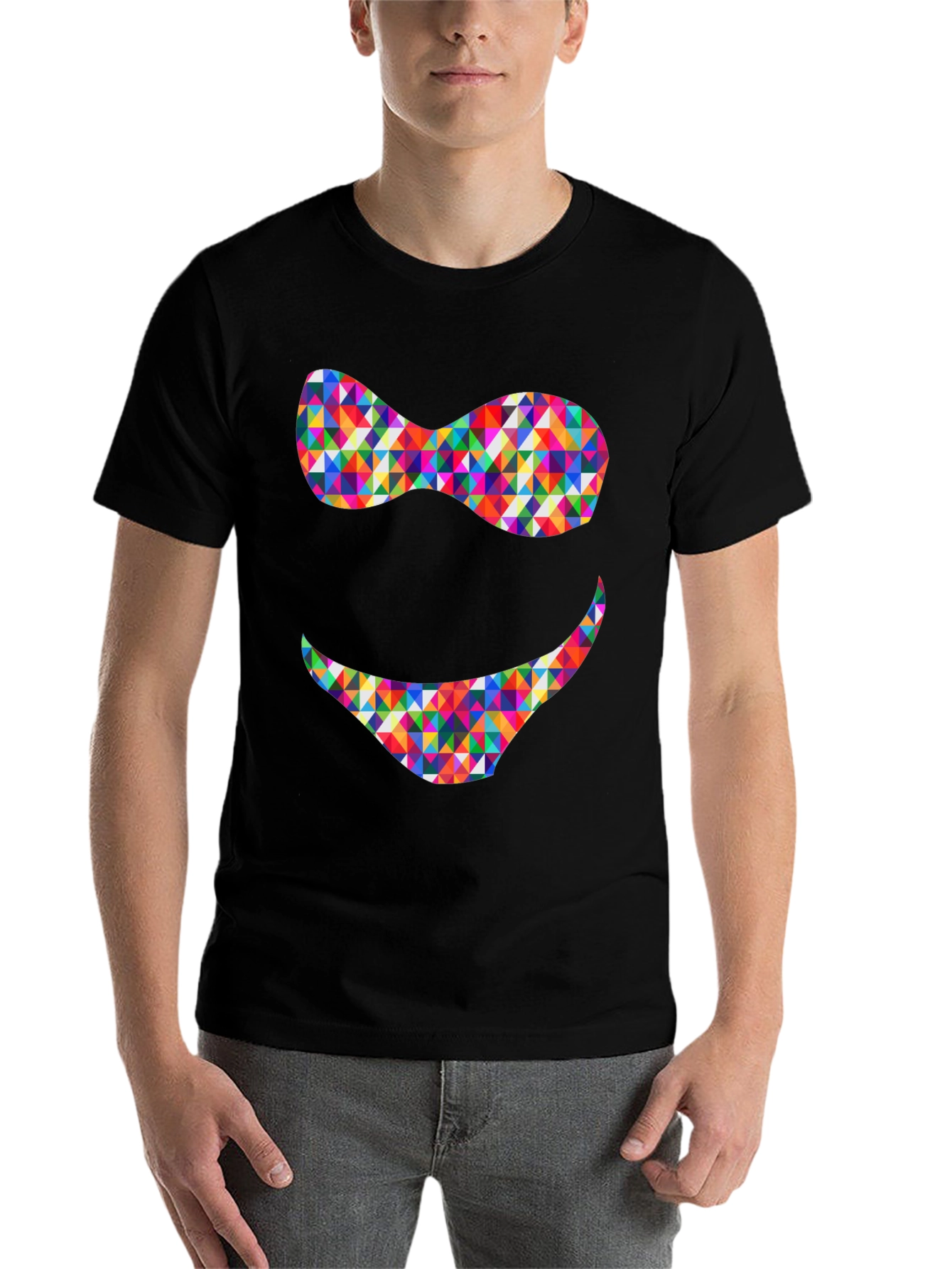 Black Colorful Triangle Smile Graphic Tee - Soft Cotton Blend view 7