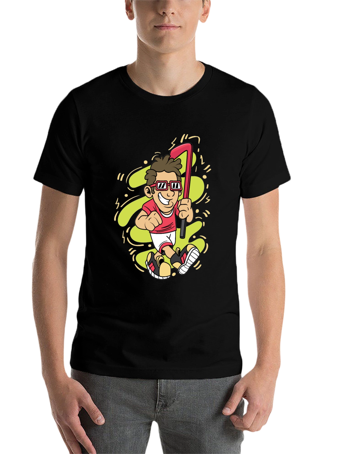 Black Cartoon Golfer Graphic Tee - Black Casual T-Shirt view 7
