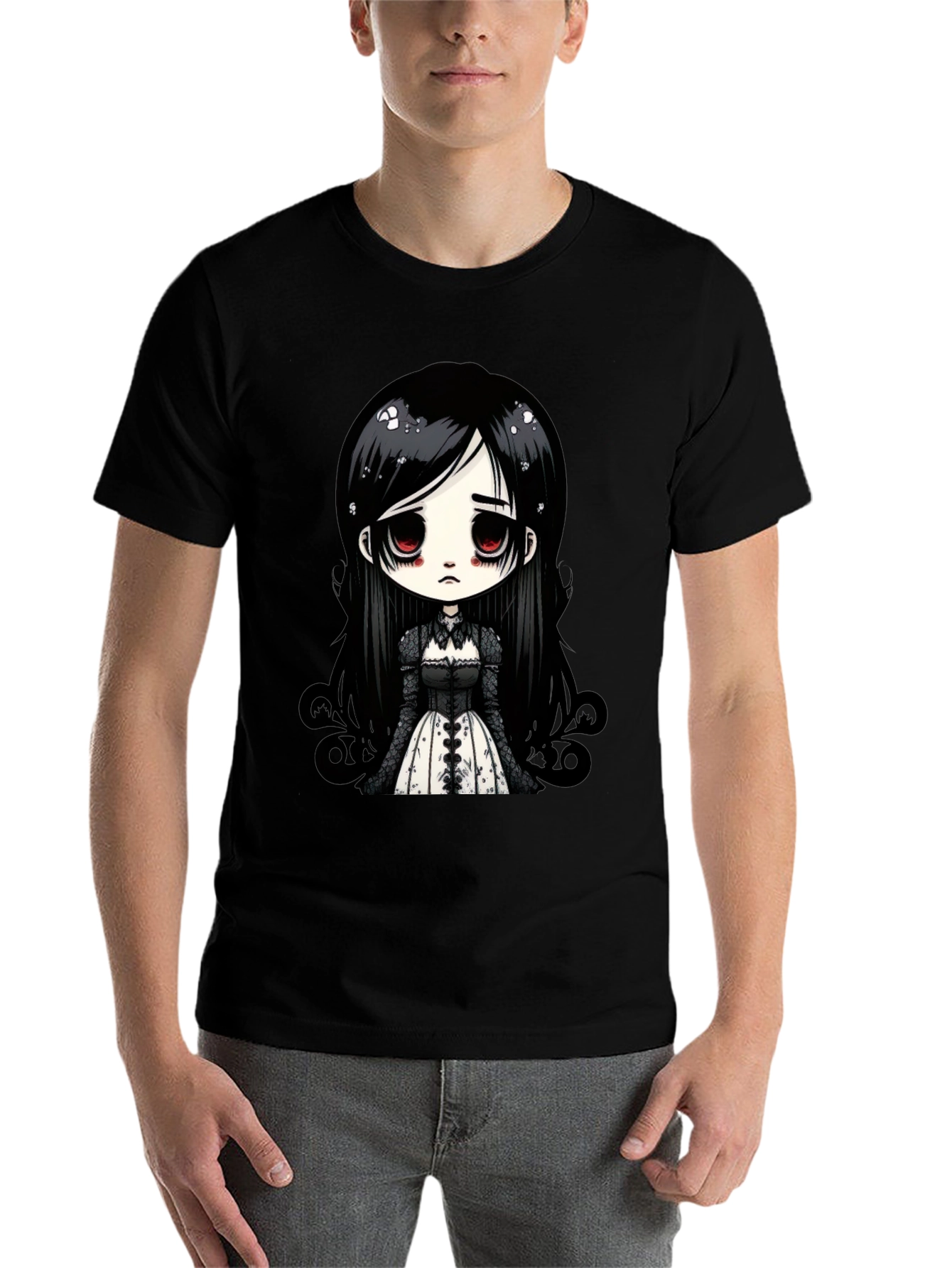 Black Gothic Doll T-Shirt - Emo Anime Style Black Tee view 7