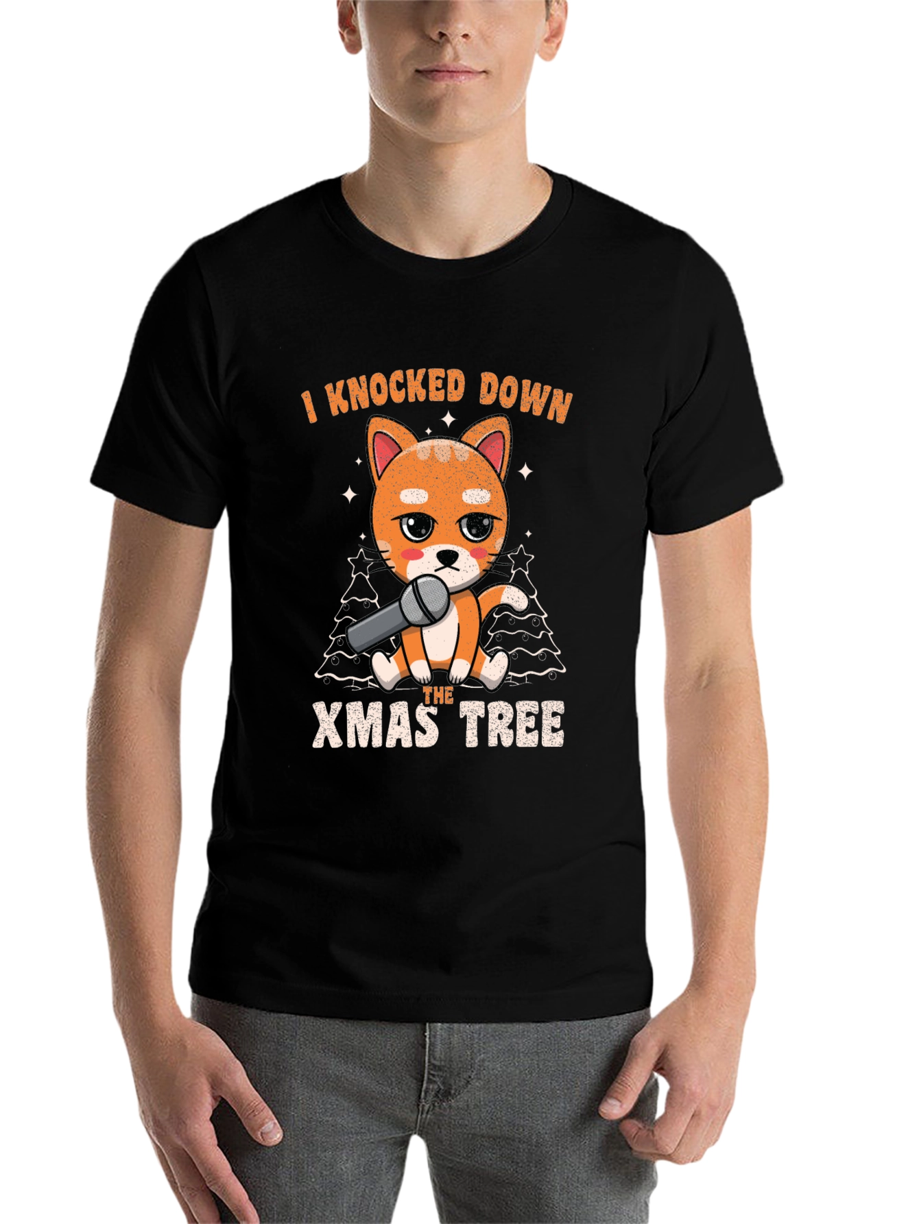 Black Funny Christmas Cat Knocked Down Xmas Tree T-Shirt view 7