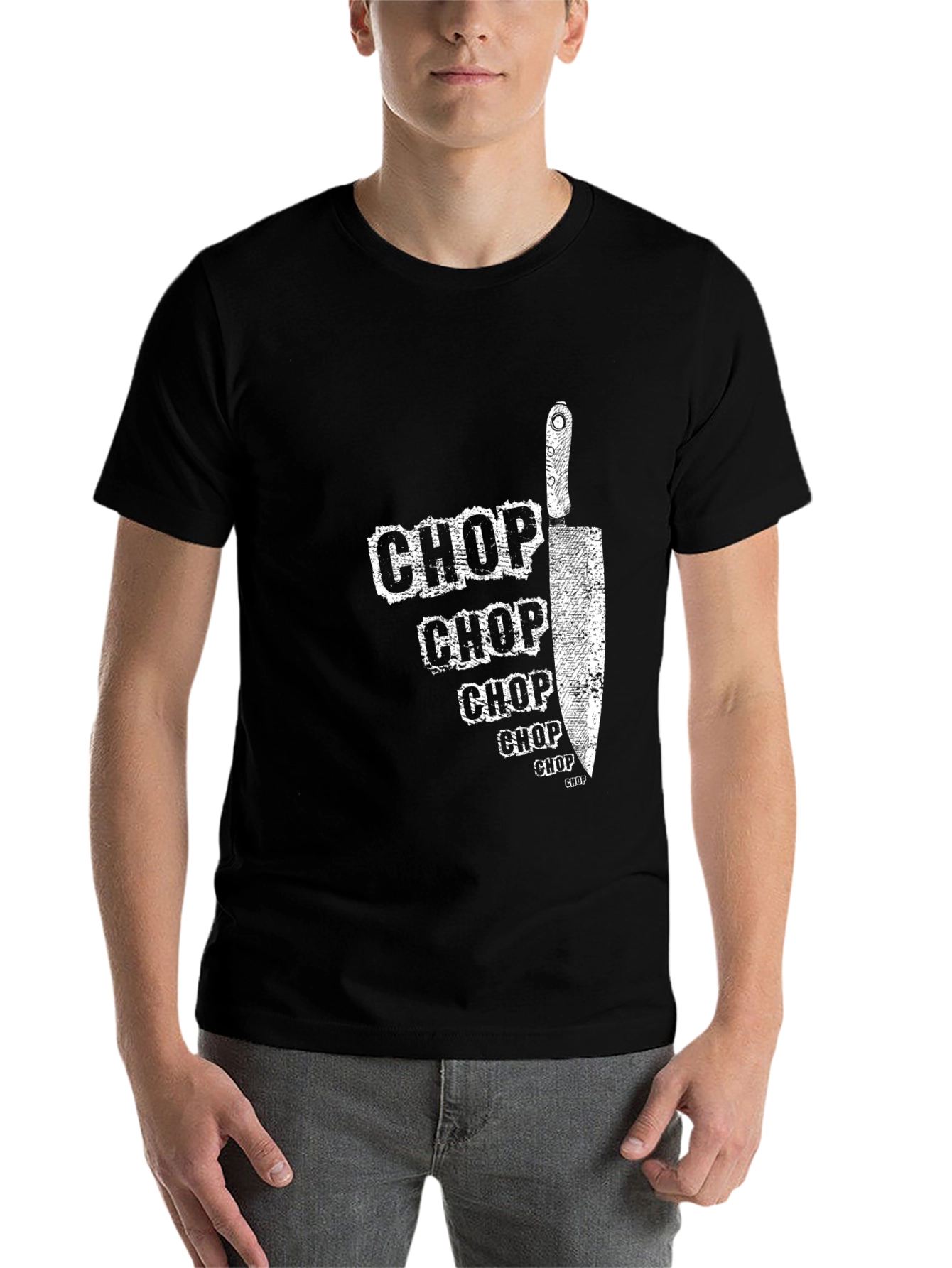Black Chop Chop Chef's T-Shirt - Culinary Humor view 7