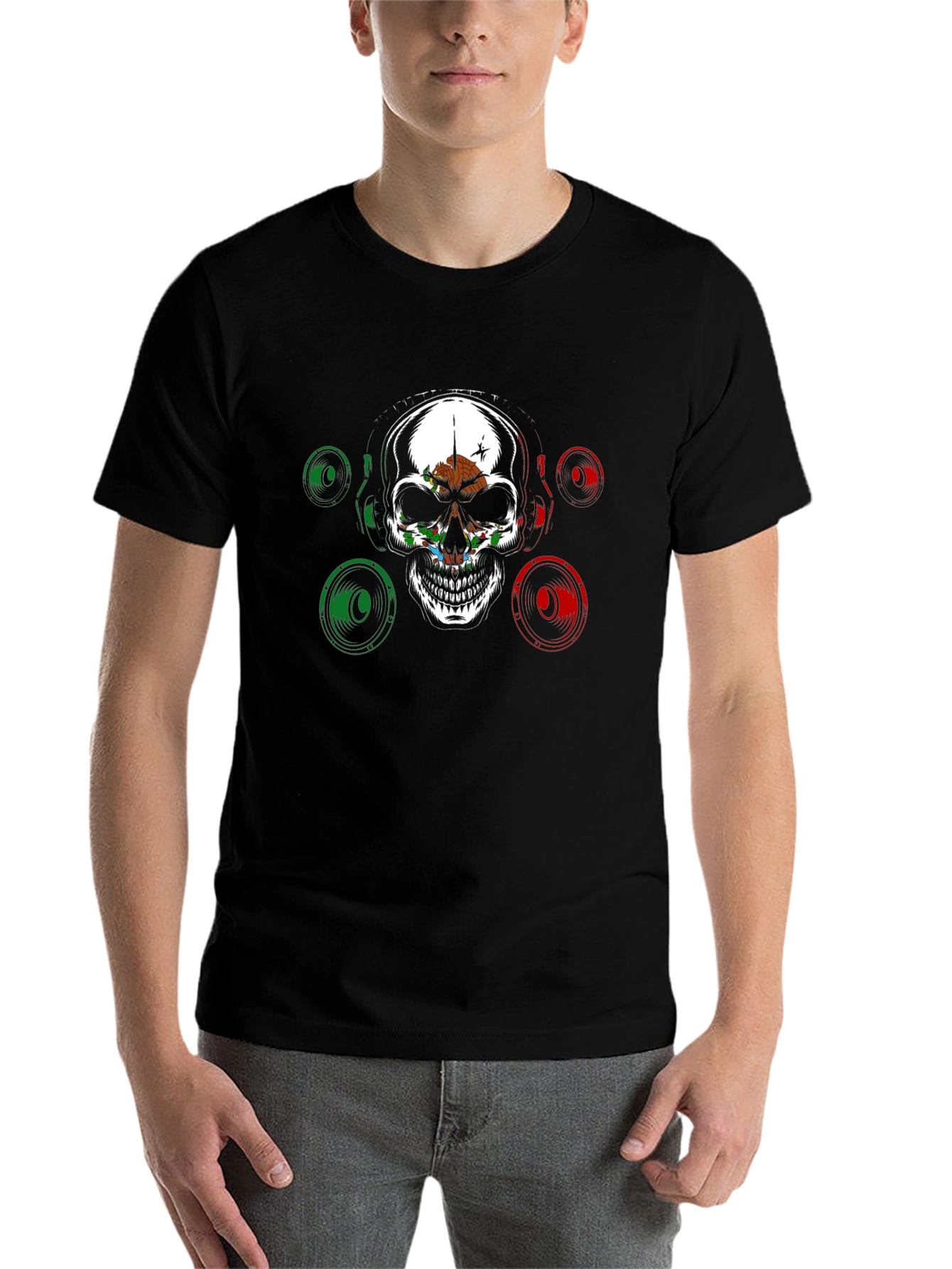 Black Skull & Speaker Graphic Tee - Mexican Flag Design view 7
