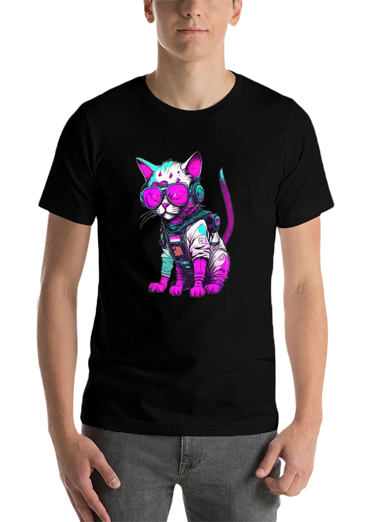 Black Cyberpunk Cat T-Shirt - Futuristic Feline Fashion view 7