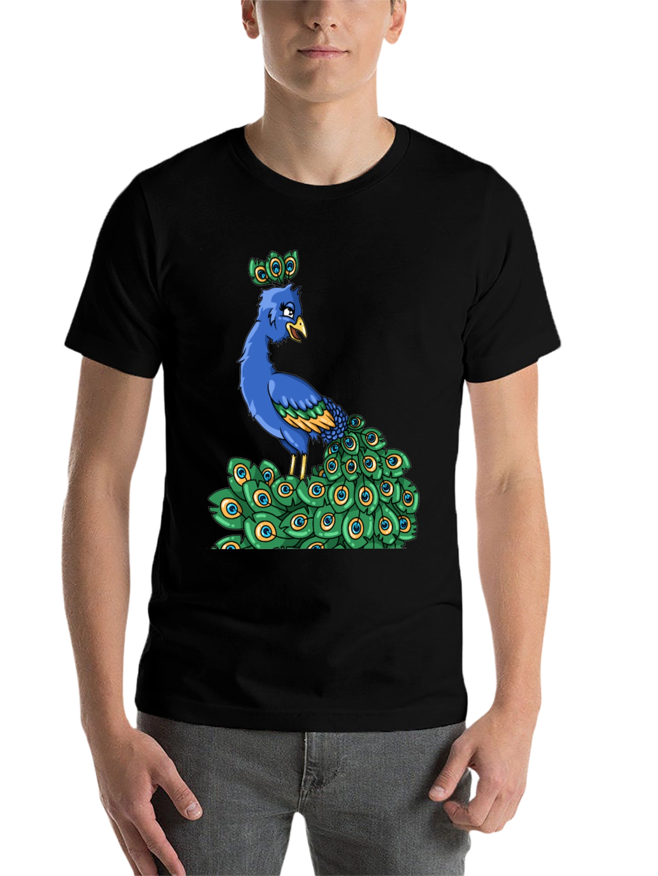 Black Peacock Cartoon Graphic Tee view 7