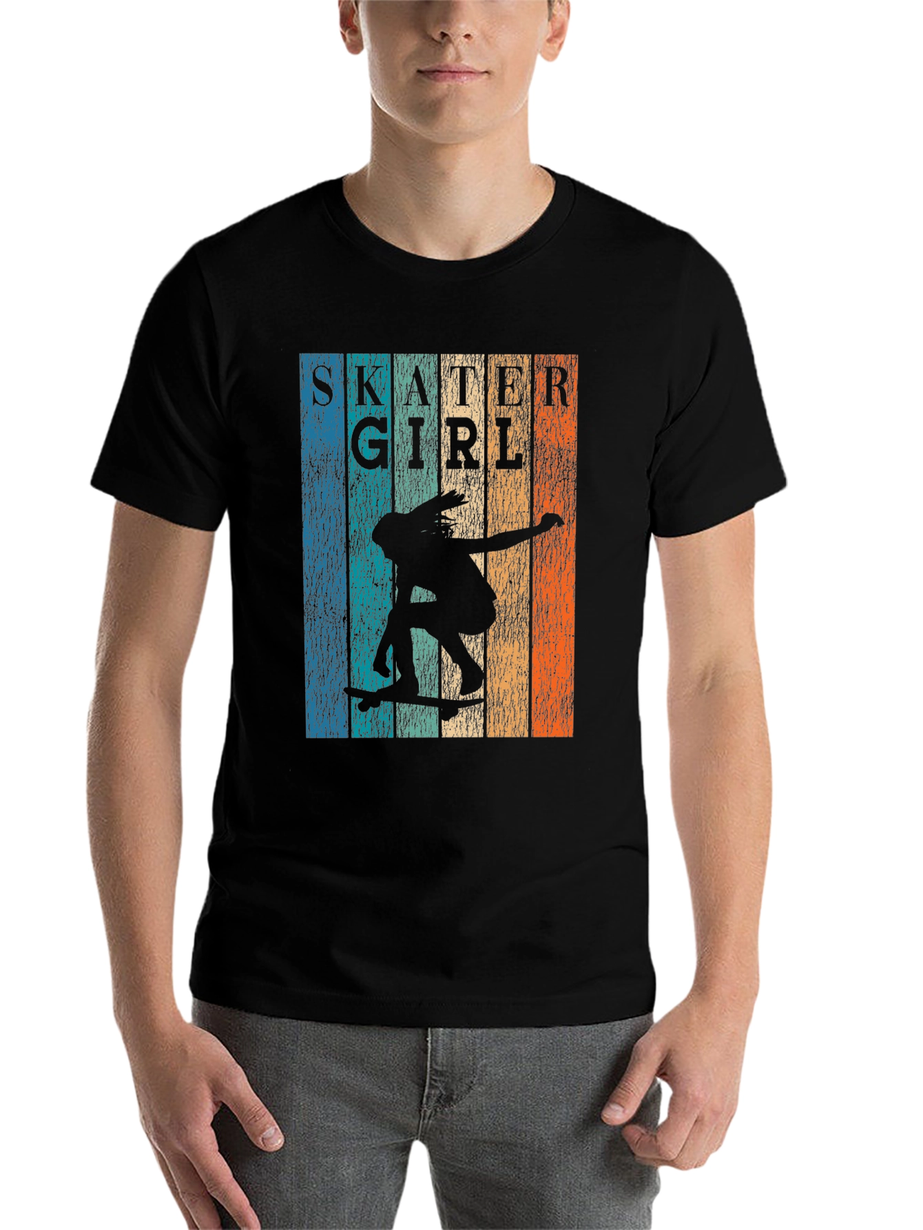 Black Skater Girl Retro Graphic T-Shirt view 7
