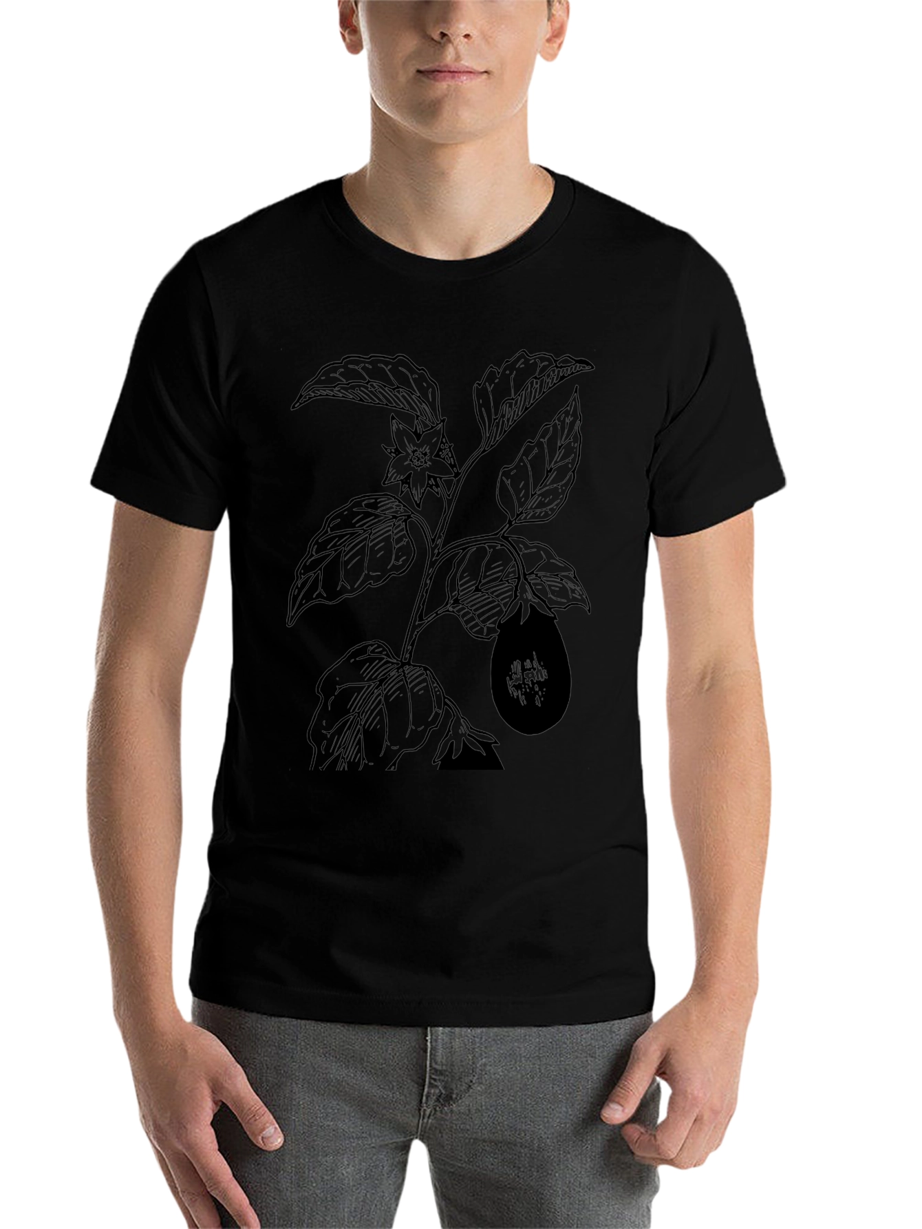 Botanical Eggplant Print Black T-Shirt - 7