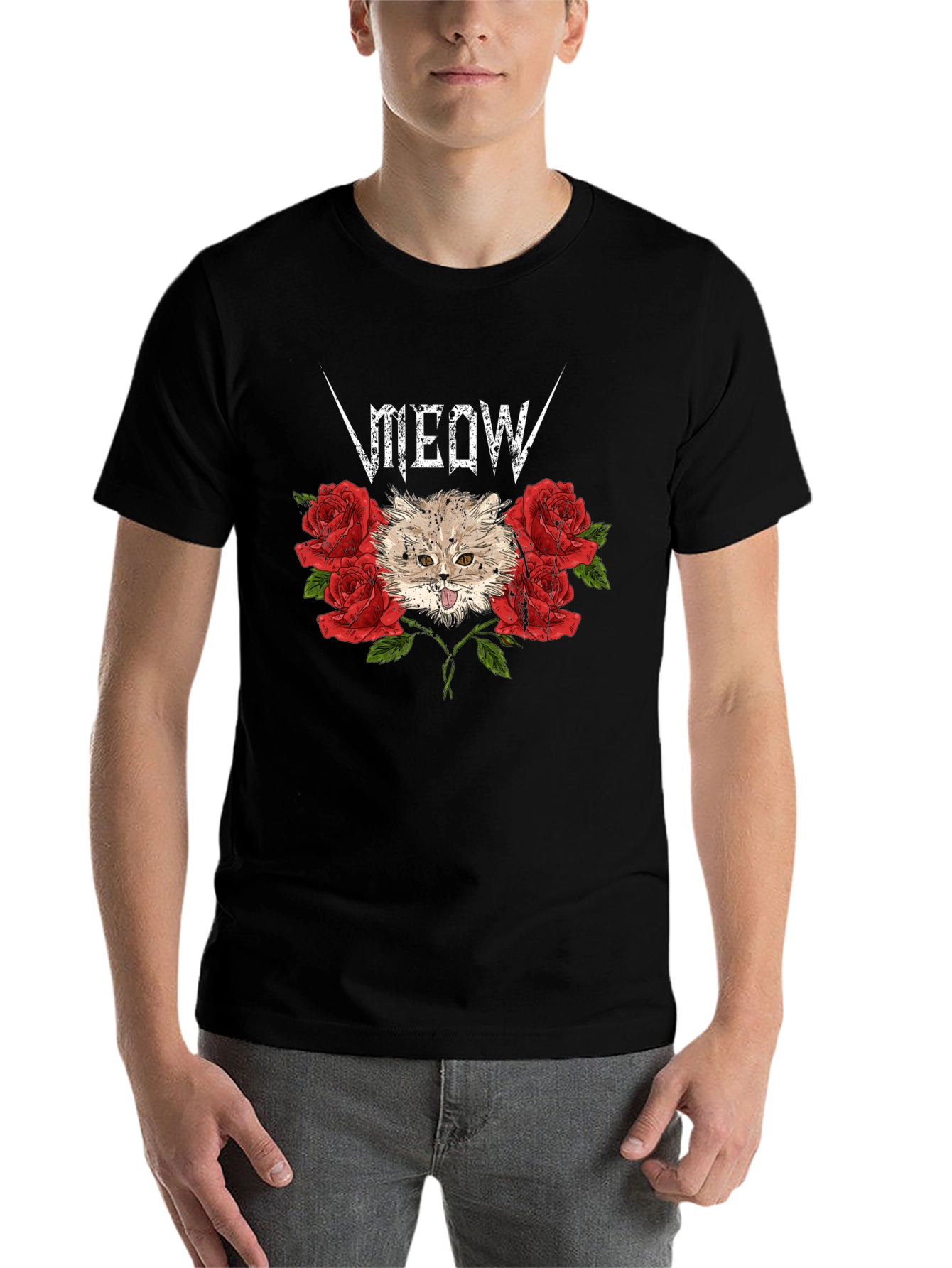 Black Meow Heavy Metal Cat & Roses Black T-Shirt view 7